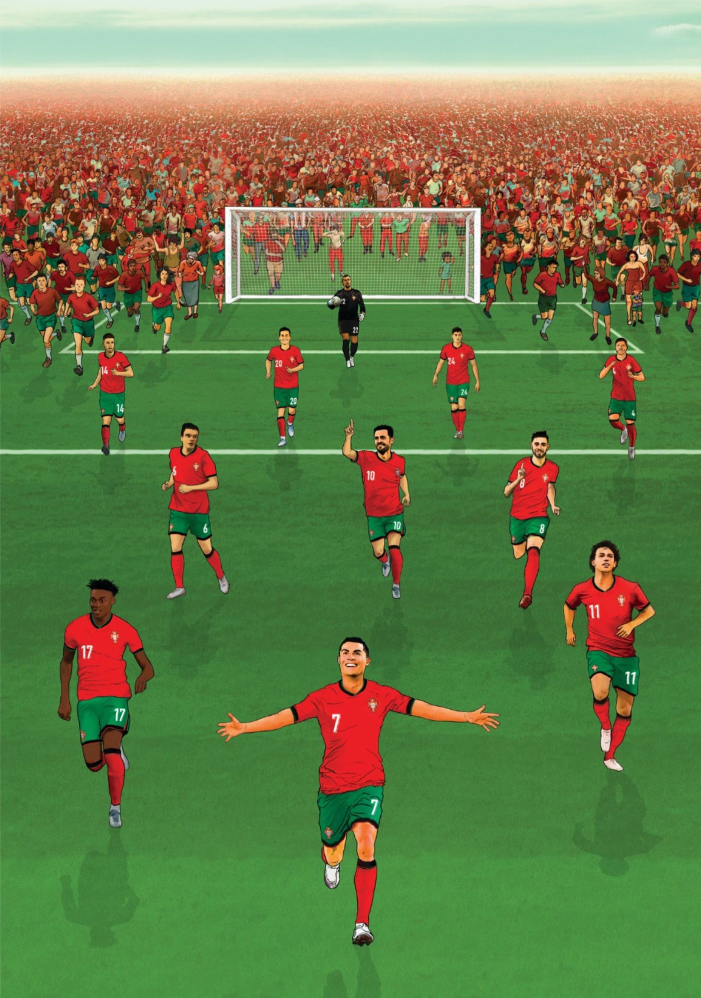 Euro 2024 football team running in the field with the company of a crowd of thousands of supporters behind them