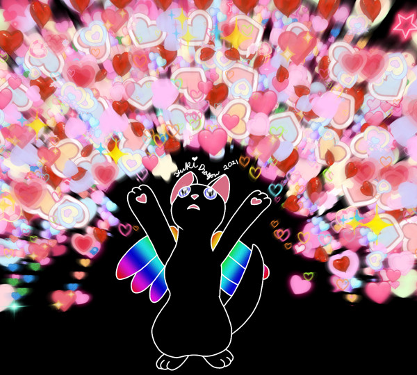 A black cat with rainbow wings holding her paws up into the air with stars in her eyes as an explosion of hearts and glitter flies out in all directions.