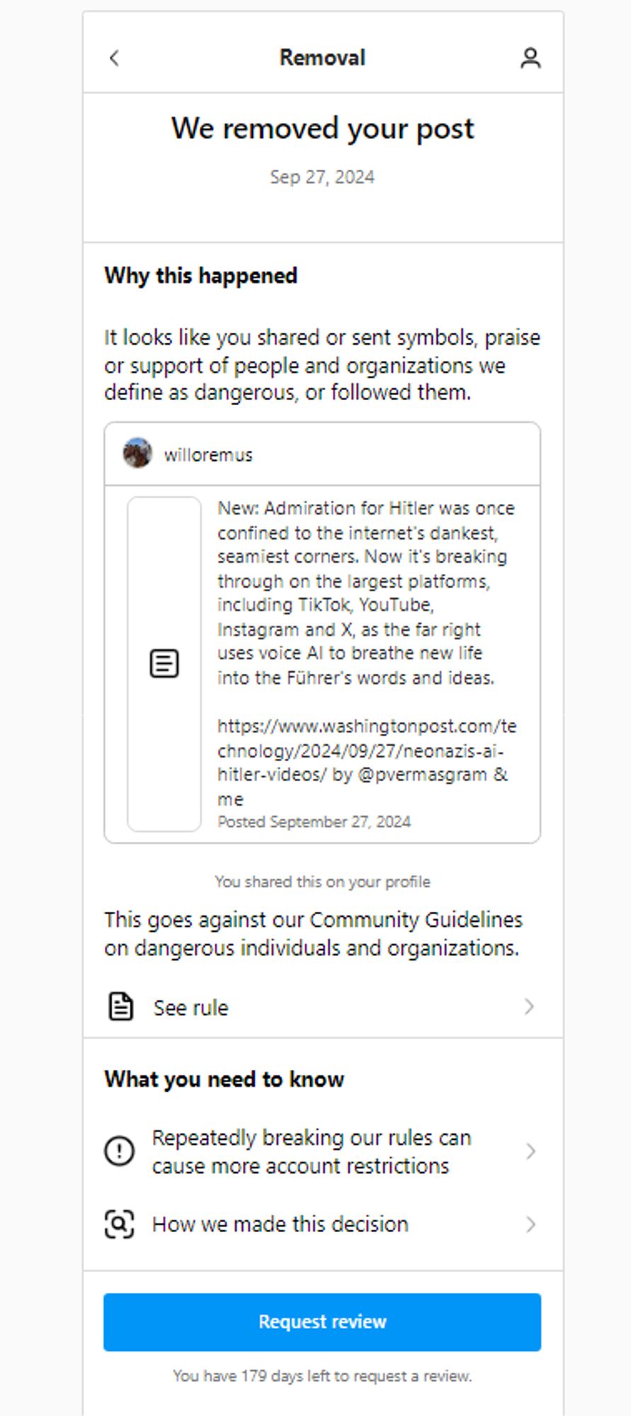 Screenshot of notice from Meta saying, "We removed your post" and explaining that "It looks like you shared or sent symbols, praise or support of people and organizations we define as dangerous, or followed them."