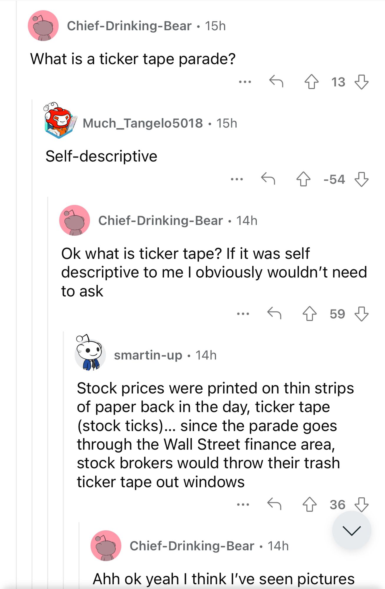 Screenshot from Reddit where someone asks what a ticker-tape parade is, someone snarkily responds “self-descriptive” and then gets heavily downvoted. someone else gives an earnest helpful answer and gets upvotes.