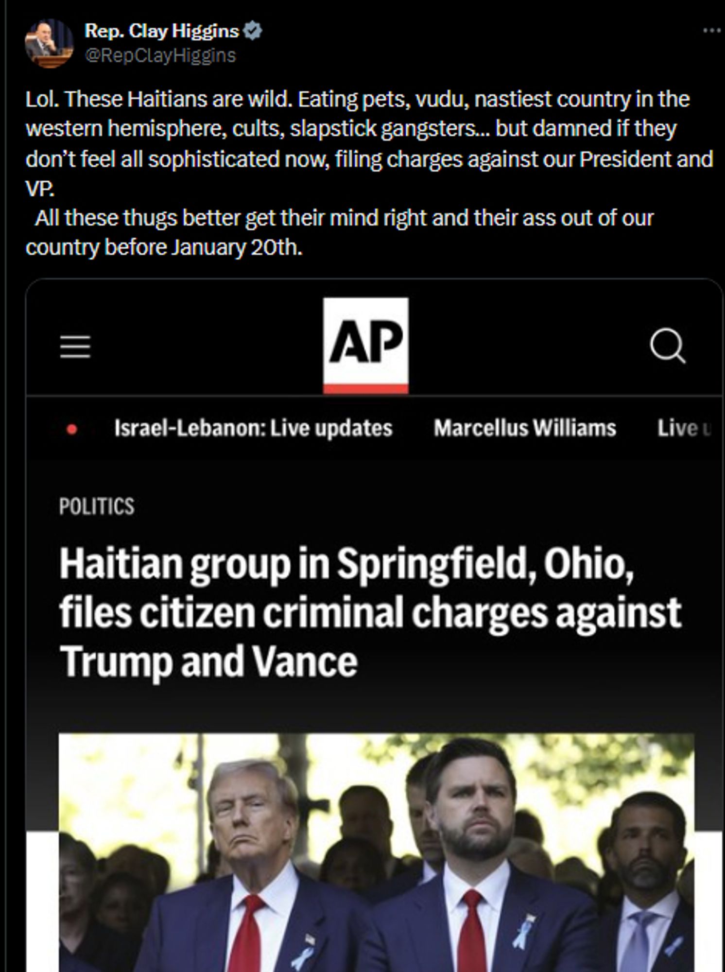 Screenshot of post on X by Rep. Clay Higgins, R-Louisiana: "Lol. These Haitians are wild. Eating pets, vudu, nastiest country in the western hemisphere, cults, slapstick gangsters… but damned if they don’t feel all sophisticated now, filing charges against our President and VP. 
  All these thugs better get their mind right and their ass out of our country before January 20th."