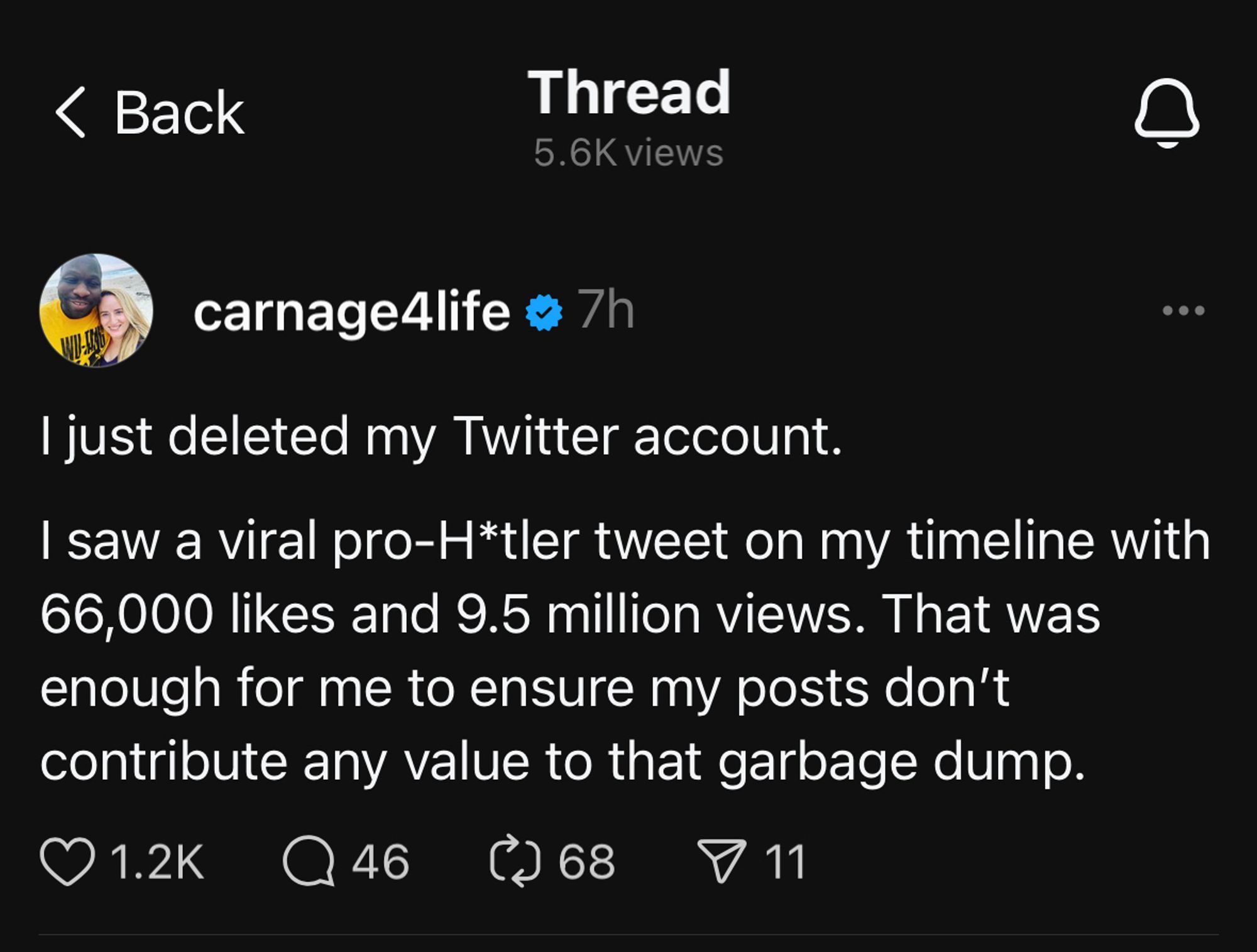 Screenshot of Threads post by Dare Obasanjo, @carnage4life, saying he just deleted his Twitter account after seeing a viral pro-Hitler tweet in his timeline that had 66k likes and 9.5m views.