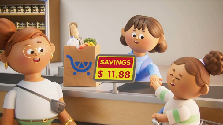 Screenshot from a Kroger ad. A mom and a kid are at a checkout, the cashier is giving the kid a "low-five." The register shows "Savings: $11.88"