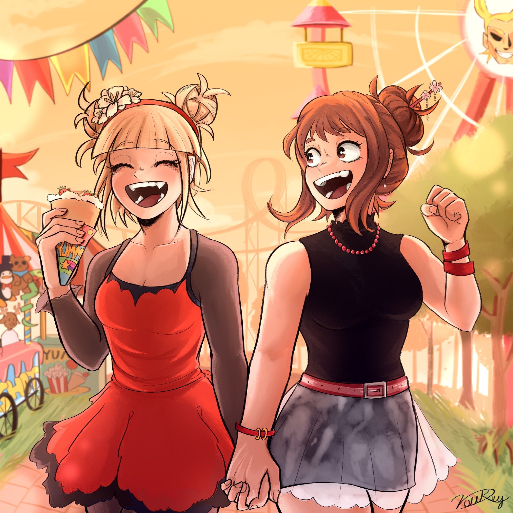 himiko toga and ochako uraraka holding hands and sharing a crepe on a amusement park while the sun is setting, toga has a wide smile showing her fangs, she's wearing a red and black dress and her hair is tied up on her classic messy buns, she's also hearing a headband with flowers on. Ochako is looking at toga admiring her smiling with her whole face, ochako has her hair tied up on a singular bun with a hair stick that has two little cherry flowers on it, that imitates himiko's hair, she's hearing a black dress with a translucid skirt, ochako have a belt, a colar and some bracelets as acessories, they are all red.