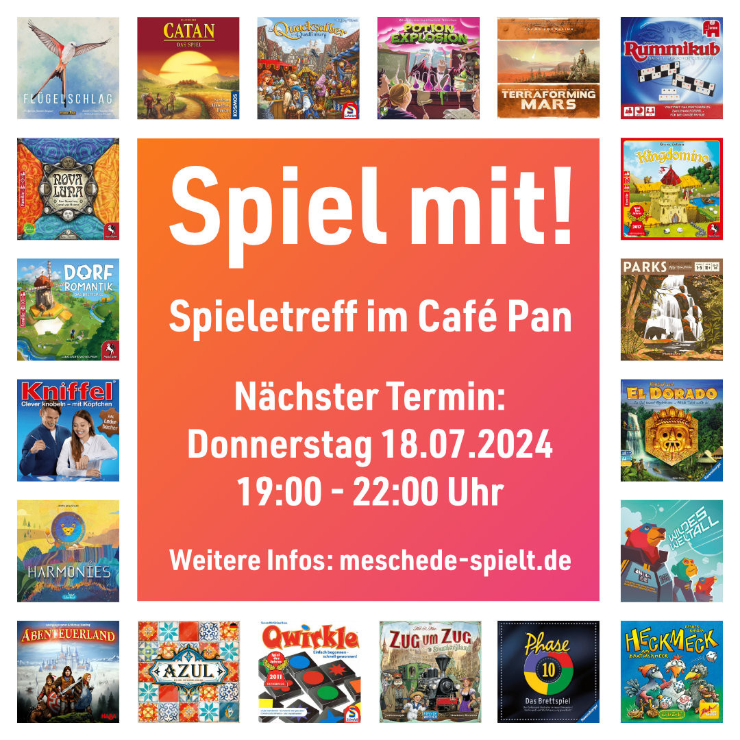 Collage von verschiedensten Brettspielen, in der Mitte der Hinweis auf den nächsten Termin des Spieletreffs am Donnerstag, 18.07.2024, 19 bis 22 Uhr.