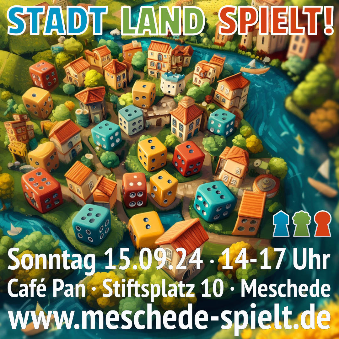 Eine KI-generierte Grafik im Comic-Stil. Zu sehen eine kleine Stadt, bestehend aus Häusern und Würfeln. Darauf die Ankündigung für Stadt, Land, Spielt! am 15.09.24 von 14 bis 17 Uhr im Café Pan, Stiftsplatz 10, 59872 Meschede.