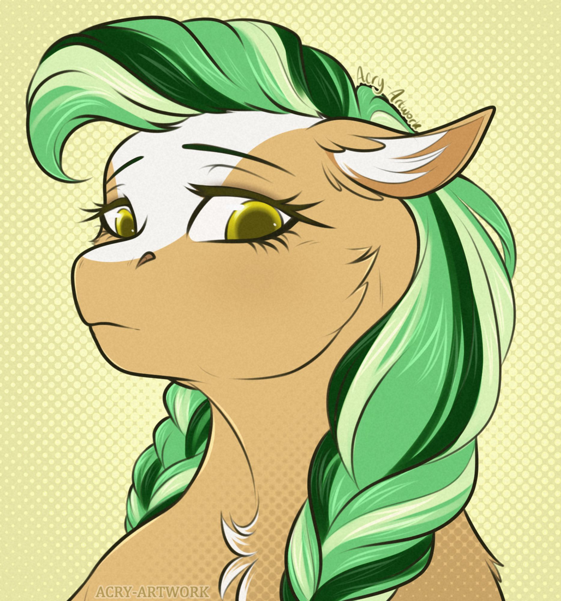 A pony mare, noble and aloof, looks down at the camera. Her ear is tipped back, her eyes are golden-yellow, wide white streak of fur reaching from the upper tip of her nose to her scalp, on a tan-brown coat. Her mane is braided on both sides, in three shades of green, from light to dark.