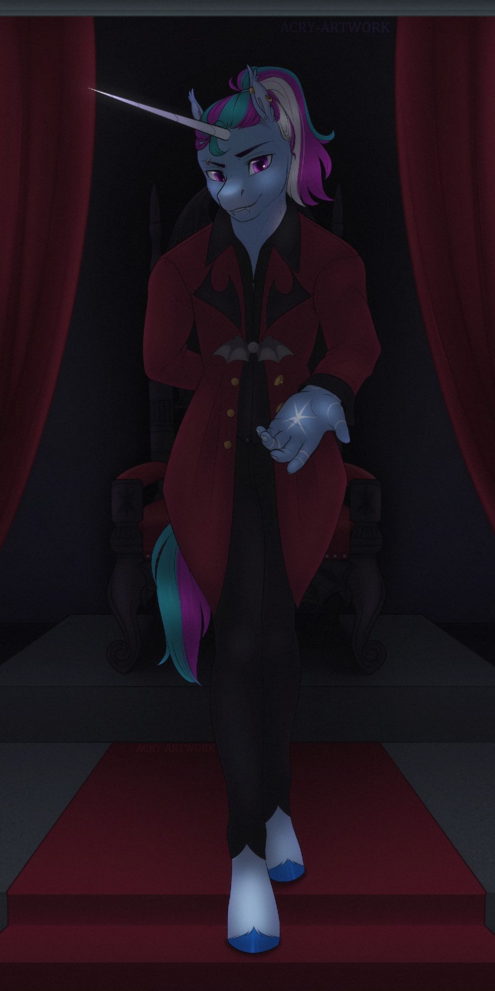 From beneath a shadowy canopy, framed by red curtains, out steps an anthro unicorn, hand outstretched to the viewer. His vampire fangs show over his lower lip with a small smile, one eyebrow raised, mane pulled back into a ponytail, the tip of his long and thin horn glows where it catches the light, and in the centre of his palm is a near-white six pointed star marking, with swirls and rings in the same colour around the fingers and wrist. He wears a gothic red coat with gold buttons, bat-shaped clasp and black accents, and black pants. Behind him on a small dais is a red and black throne.