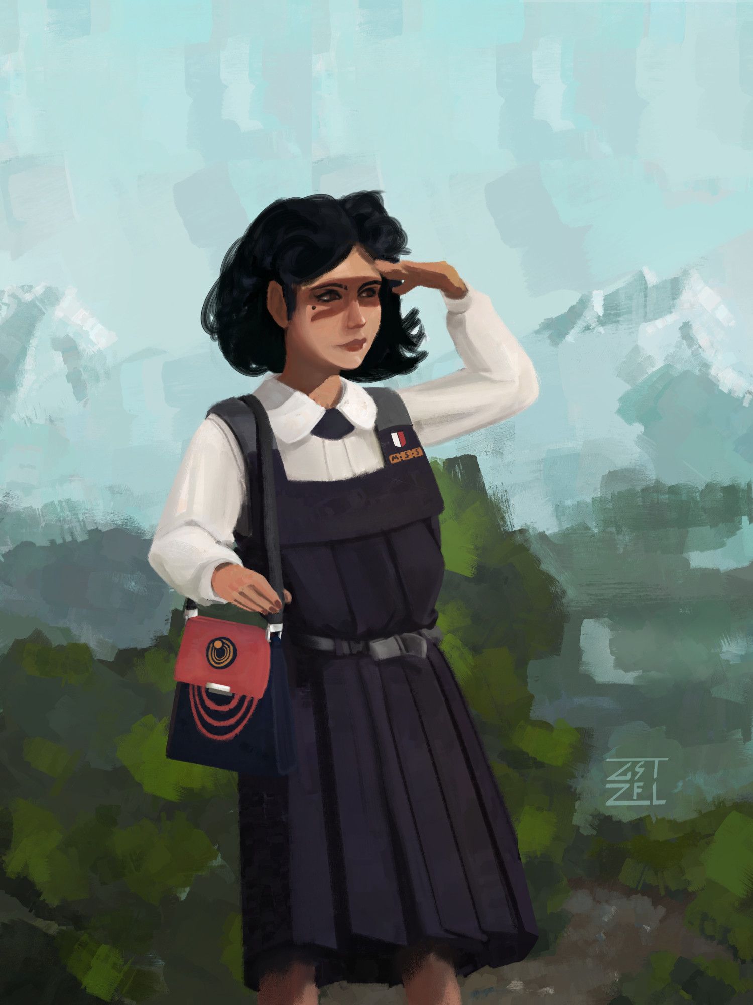 Tzipora is one of the major characters in the worldbuilding project over at https://millmint.net/

She is looking off to the right, shielding her eyes against the blinding power of the sun. She has a little purse which displays three concentric rings and little sphere, similar to a planet on an orbital plane. Her school insignia reads "MSS".