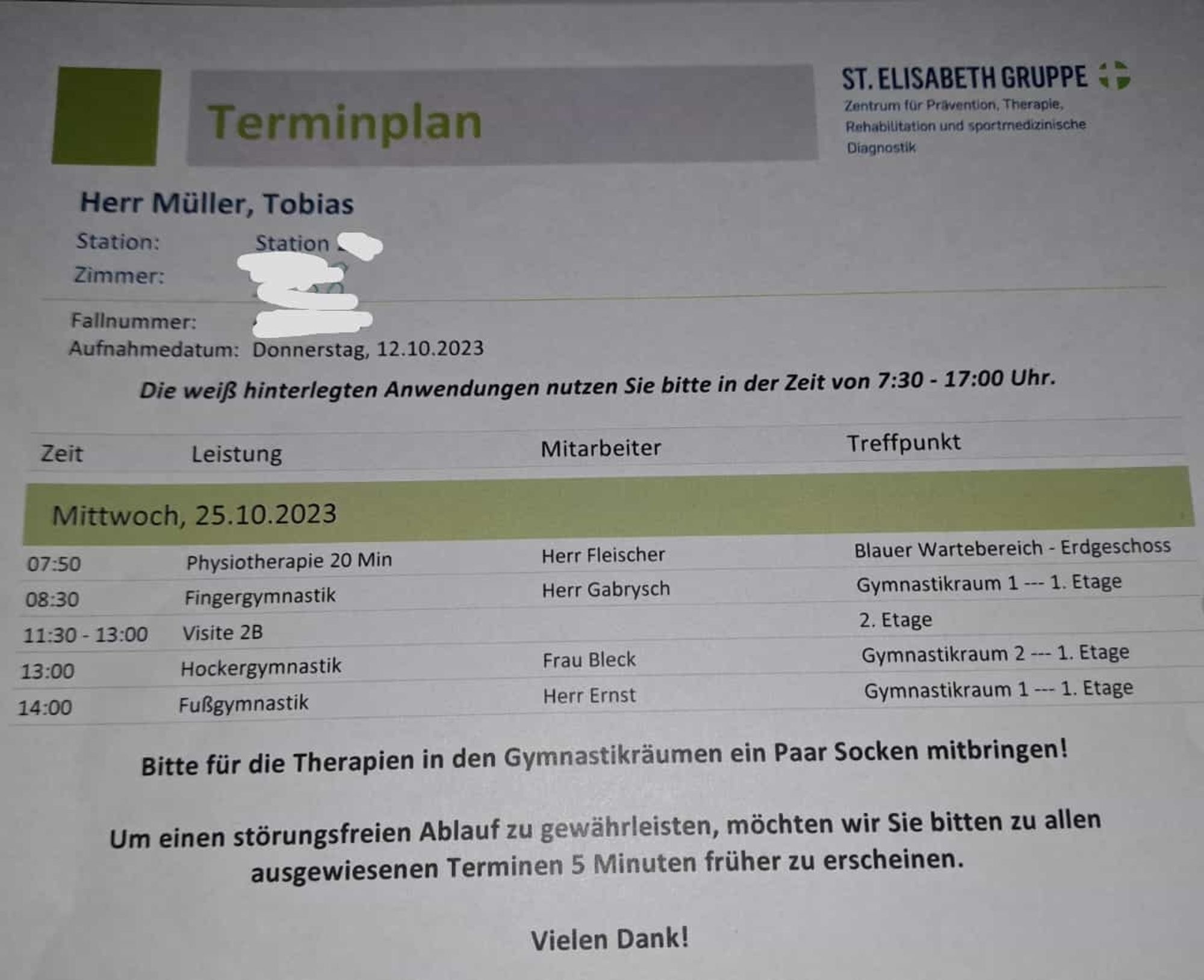 Foto des Anwendungsplans des lezten Tages der Rheuma Komplex Therapie, der um 7:50 Uhr beginnt.