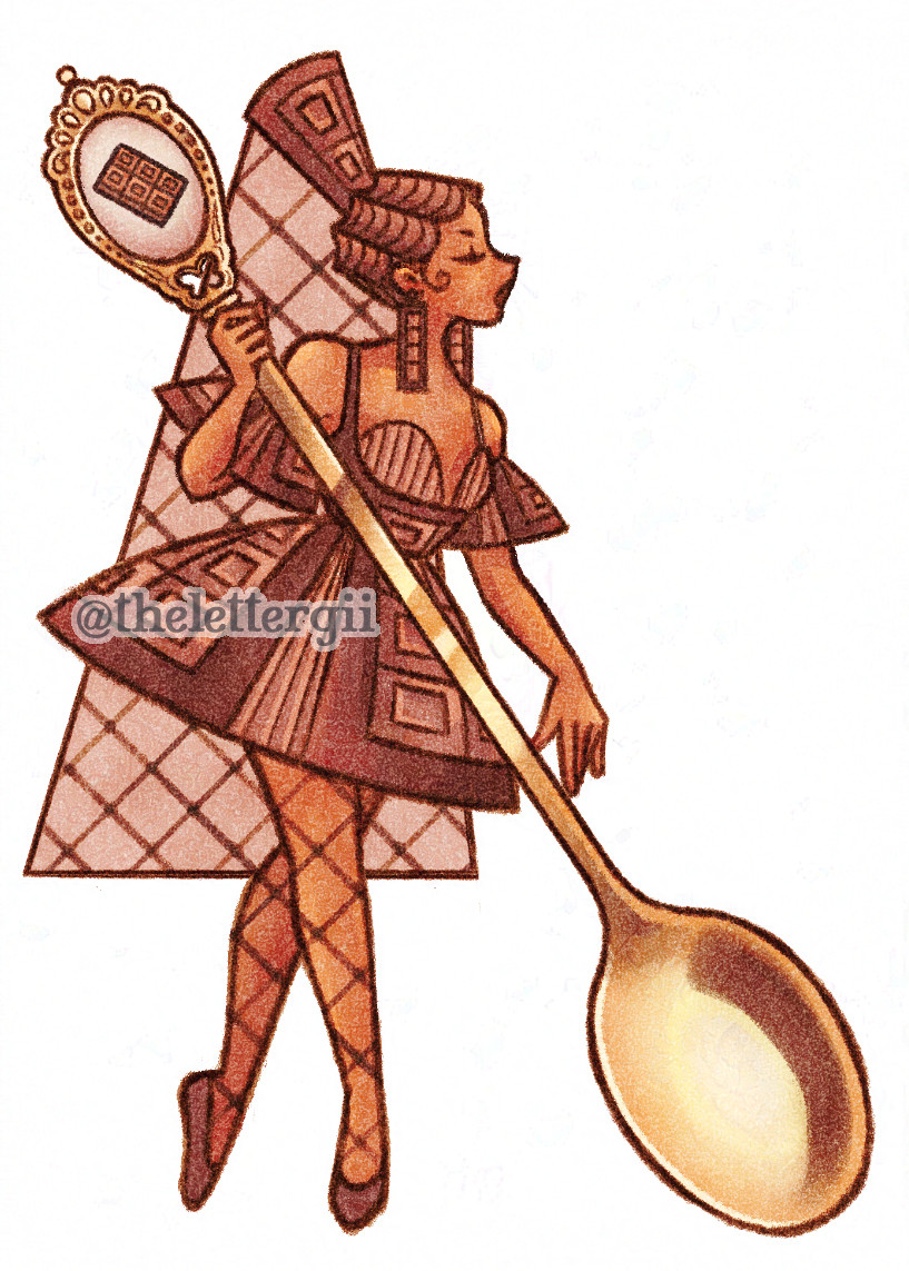 Drawing of a lady wearing a chocolate-themed dress, holding a giant golden spoon. The spoon has a chocolate bar insignia at the top. The illustration has the feel of a traditional drawing, with pencil and paper textures.