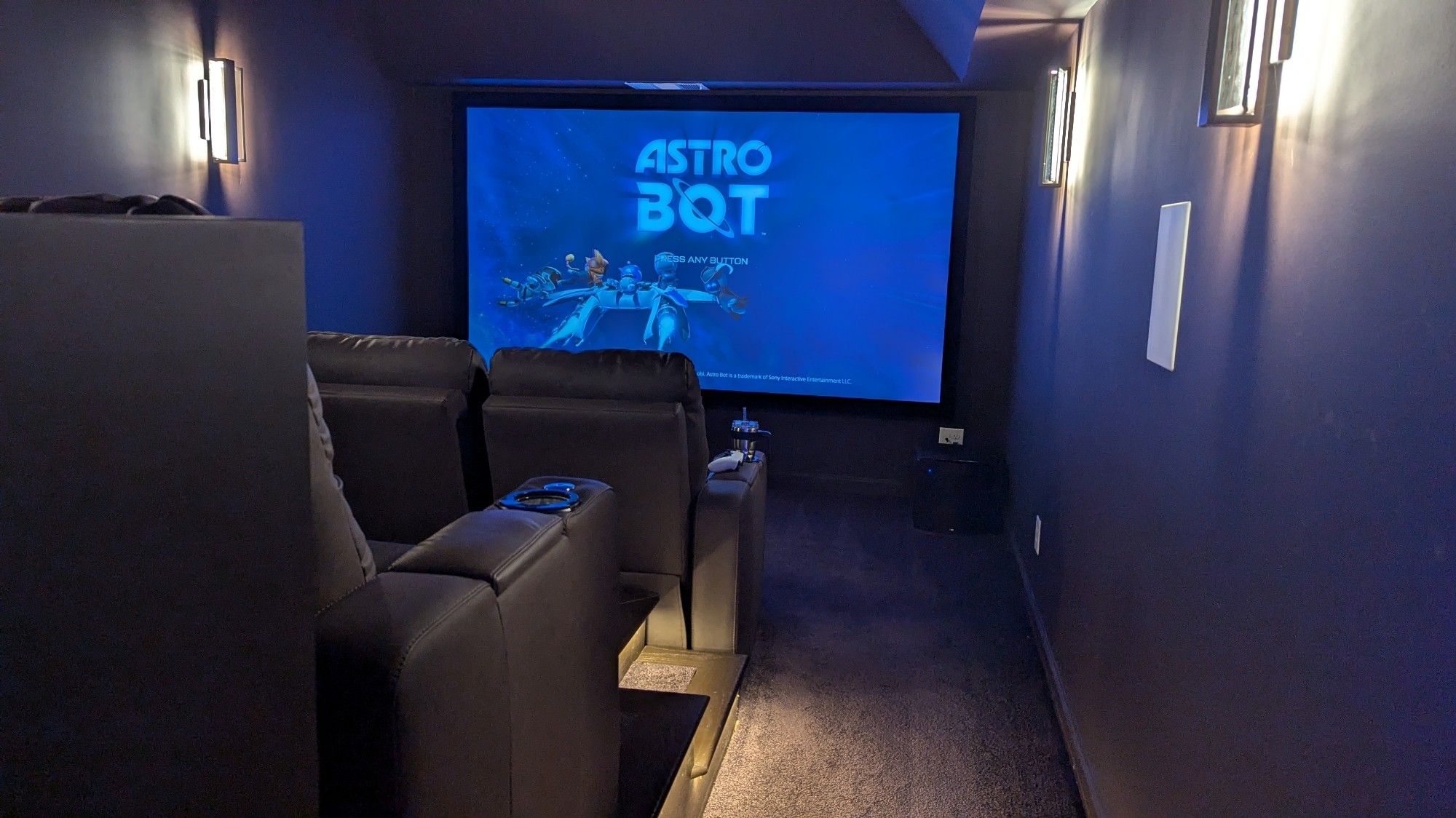 Astro Bot title screen in a home theater