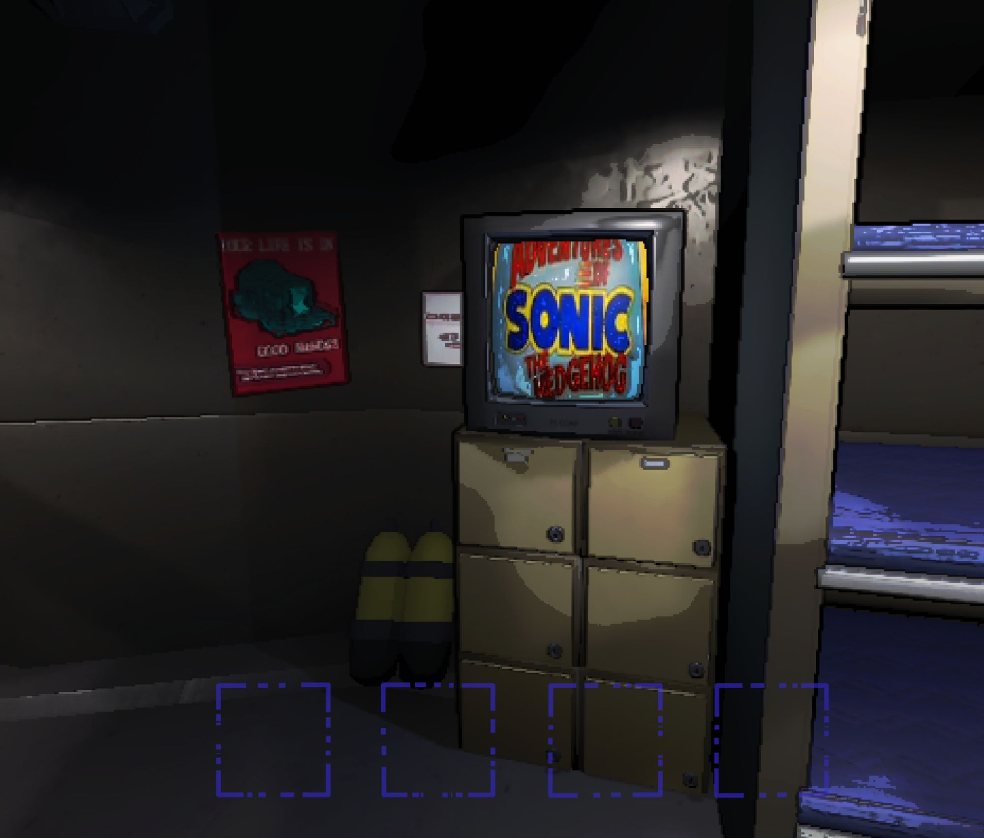 Lethal Company ship interior with "The Adventures of Sonic the Hedgehog" title card on the television