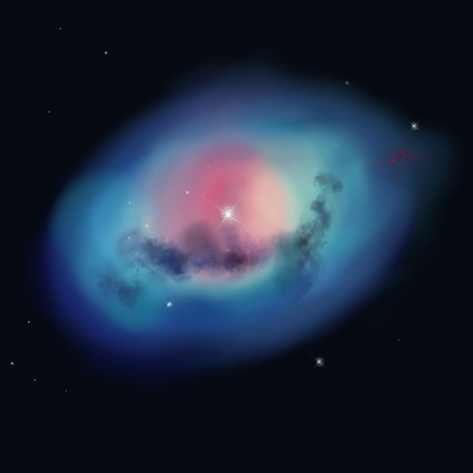 Digital art: black background and a turquoise egg shaped nebula with pink in the centre and some dark cloudy dust lanes across it. A few stars spattered across the image.