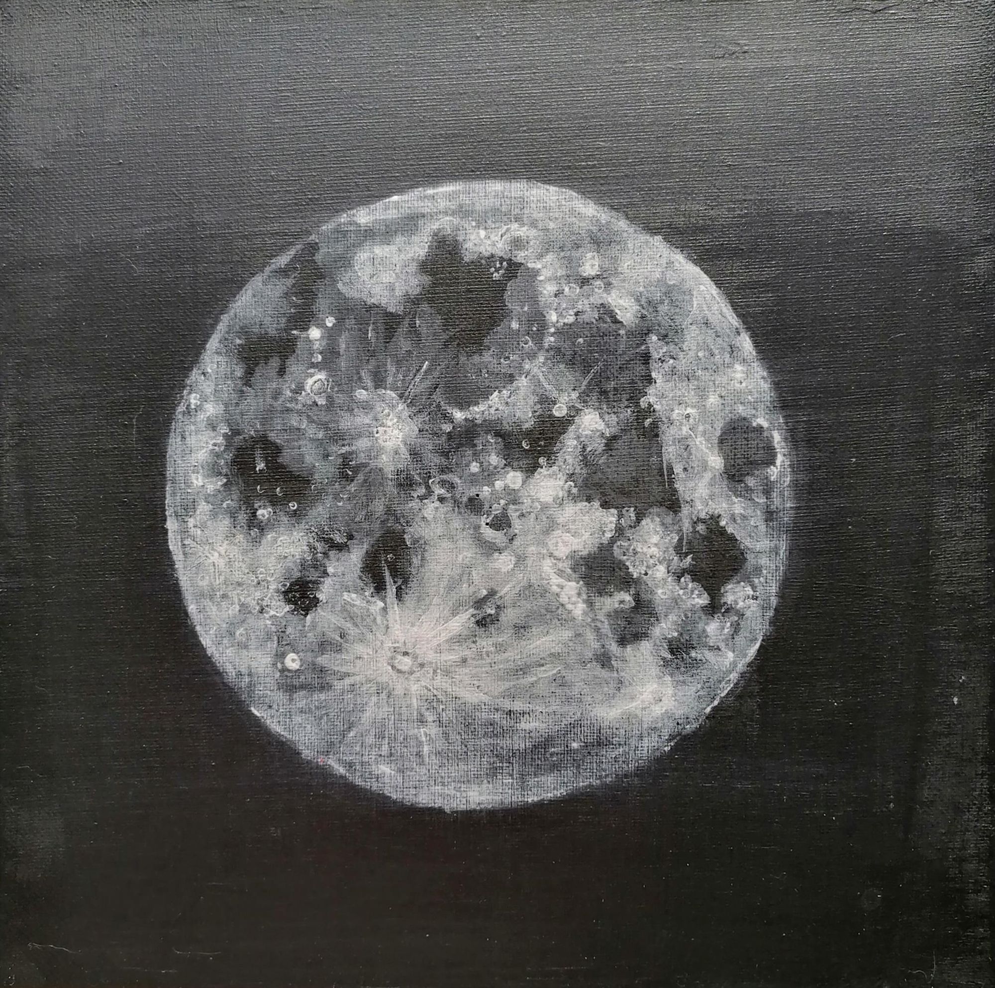 Photo of painting of the full moon. Square black canvas. 