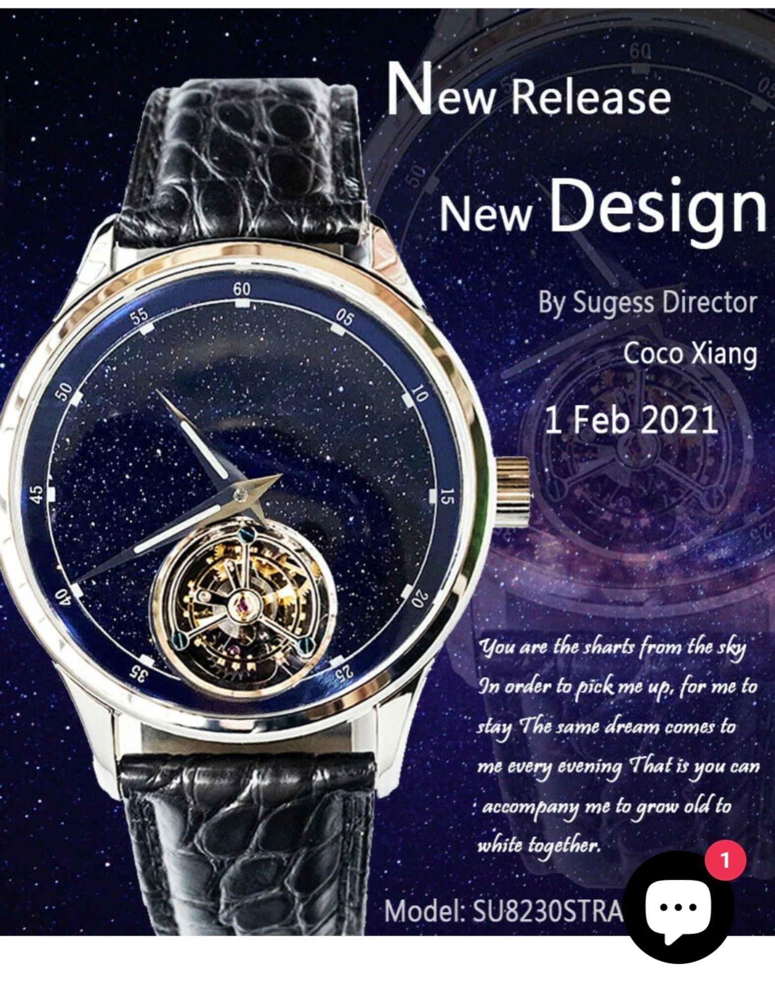 Enthusiastic advertising copy accompanying a watch using a movement manufactured by Tianjin Seagull, probably translated to English by machine without editing:

New Release
New Design
By Sugess Director Coco Xiang
1 Feb 2021
You are the sharts from the sky
In order to pick me up, for me to stay
The same dream comes to me every evening
That is you can accompany me to grow old to white together
Model: SU8230STRA