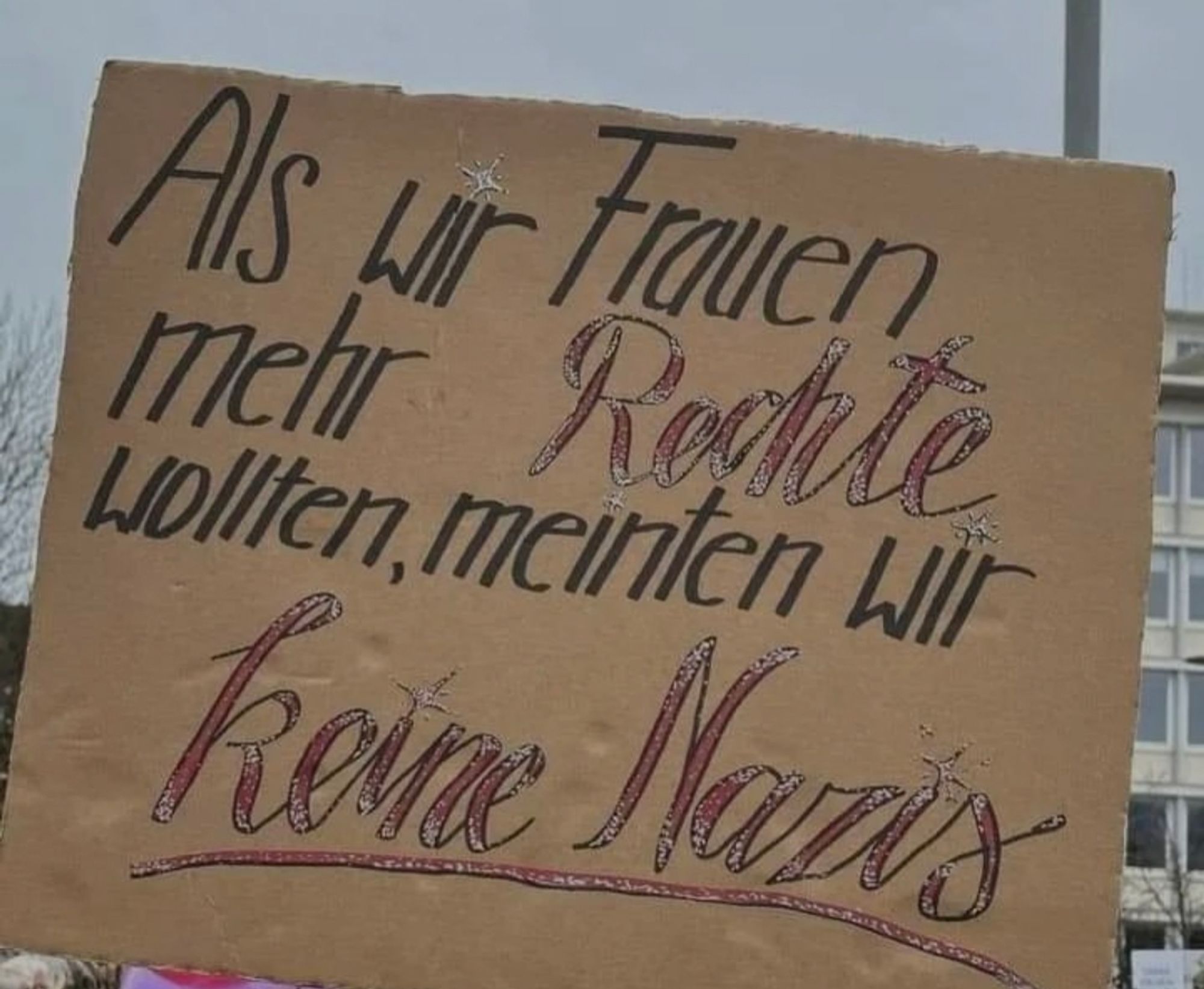 Ein Plakat auf dem steht "Als wir Frauen mehr Rechte wollten, meinten wir keine Nazis"