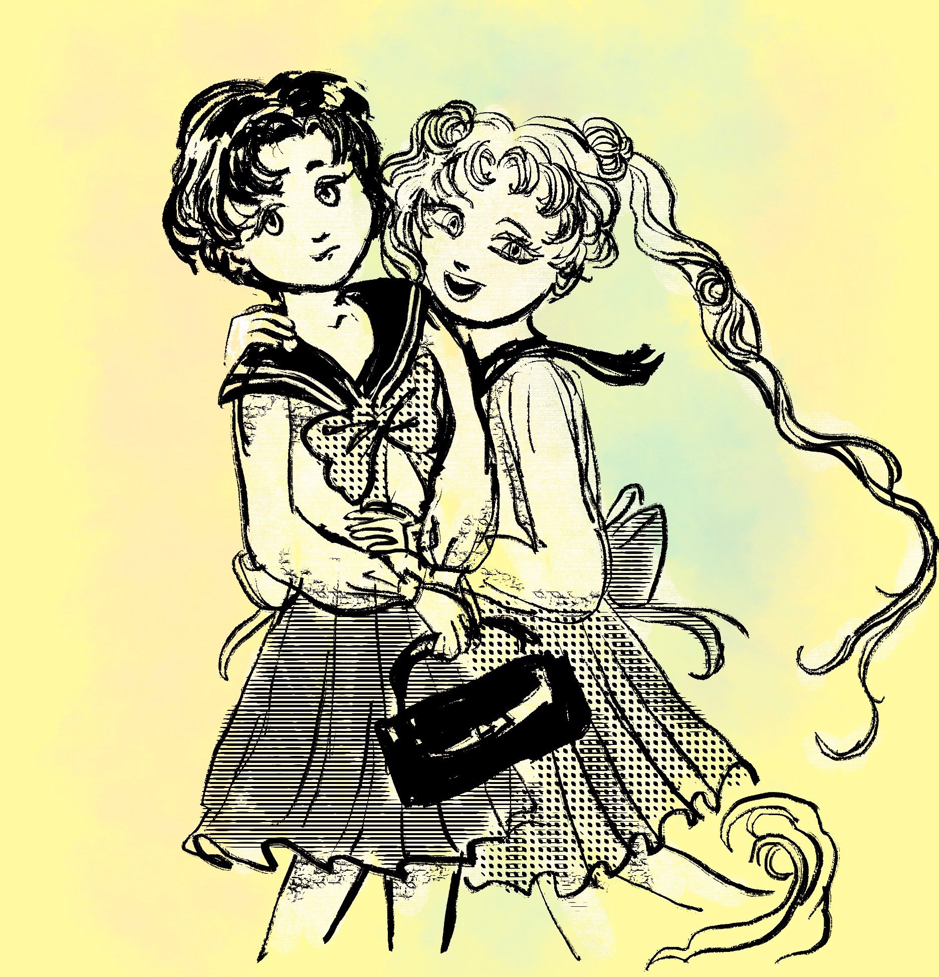 Art of usagi tsukino aka as serena aka as sailor moon and her friend ami mizuno aka as sailor mercury