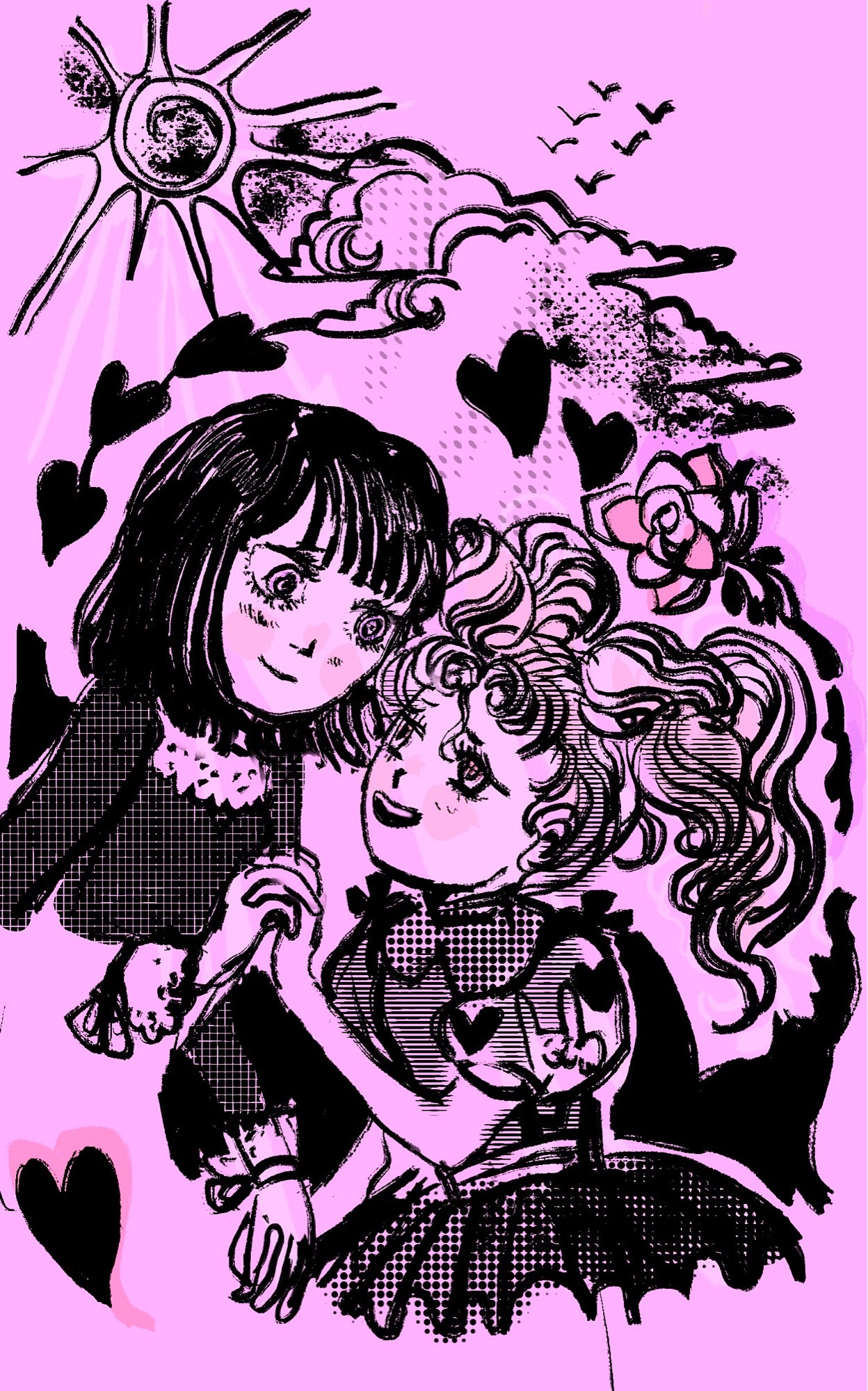 Art of hotaru tomoe aka as sailor saturn and chibiusa aka as Princess Usagi Small Lady Serenity holding hands lovingly