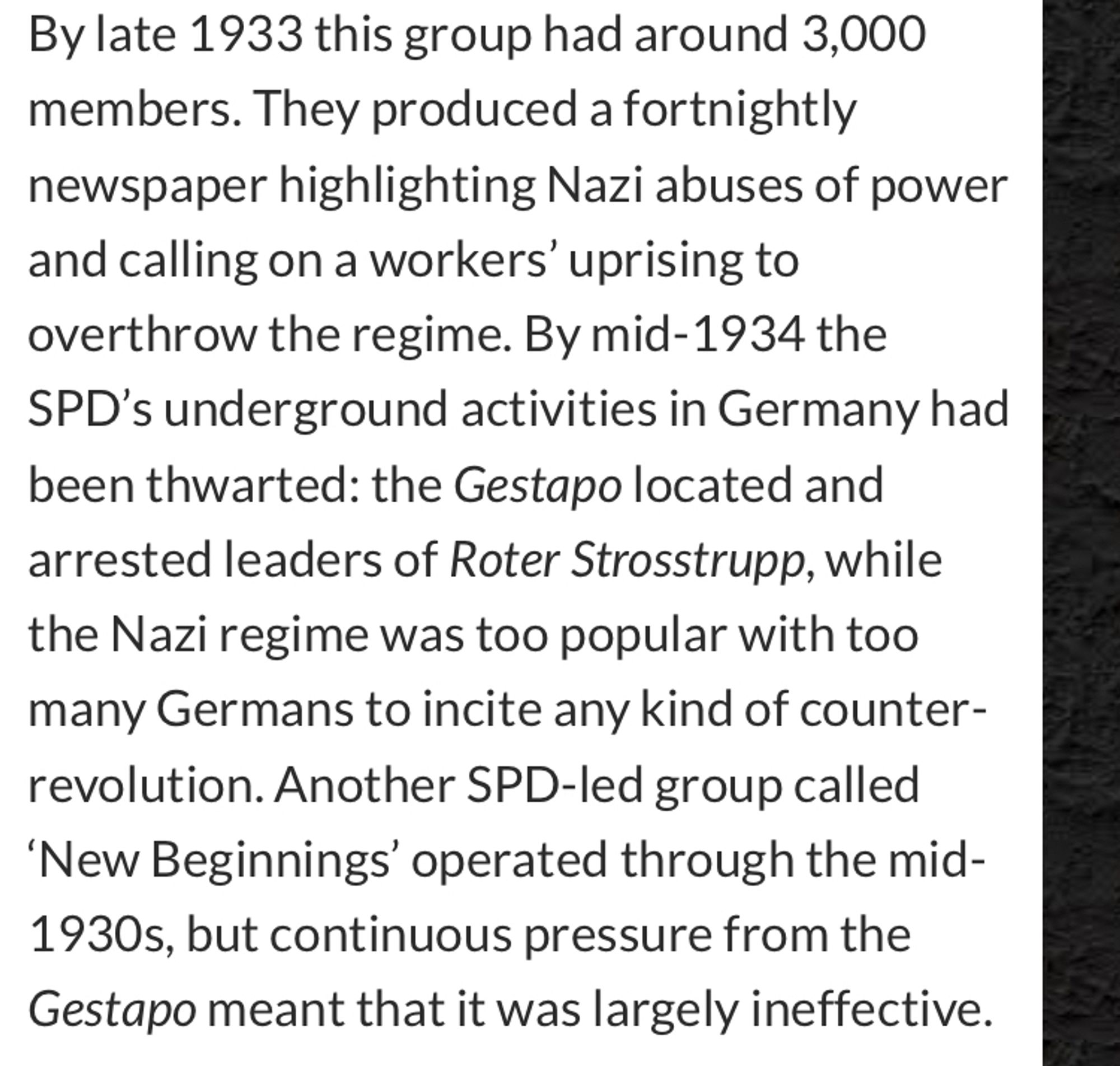 Text from https://alphahistory.com/nazigermany/opposition-to-the-nazis/ about SPD resistance