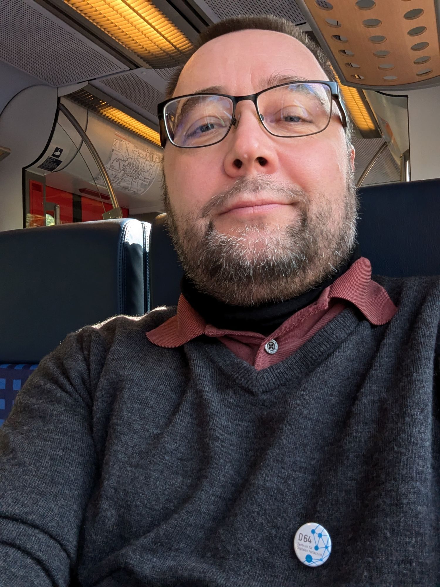 Selfie im sonnigen Regionalexpress. Ich trage einen dunklen Pulli mit einem Button von D64 darauf.