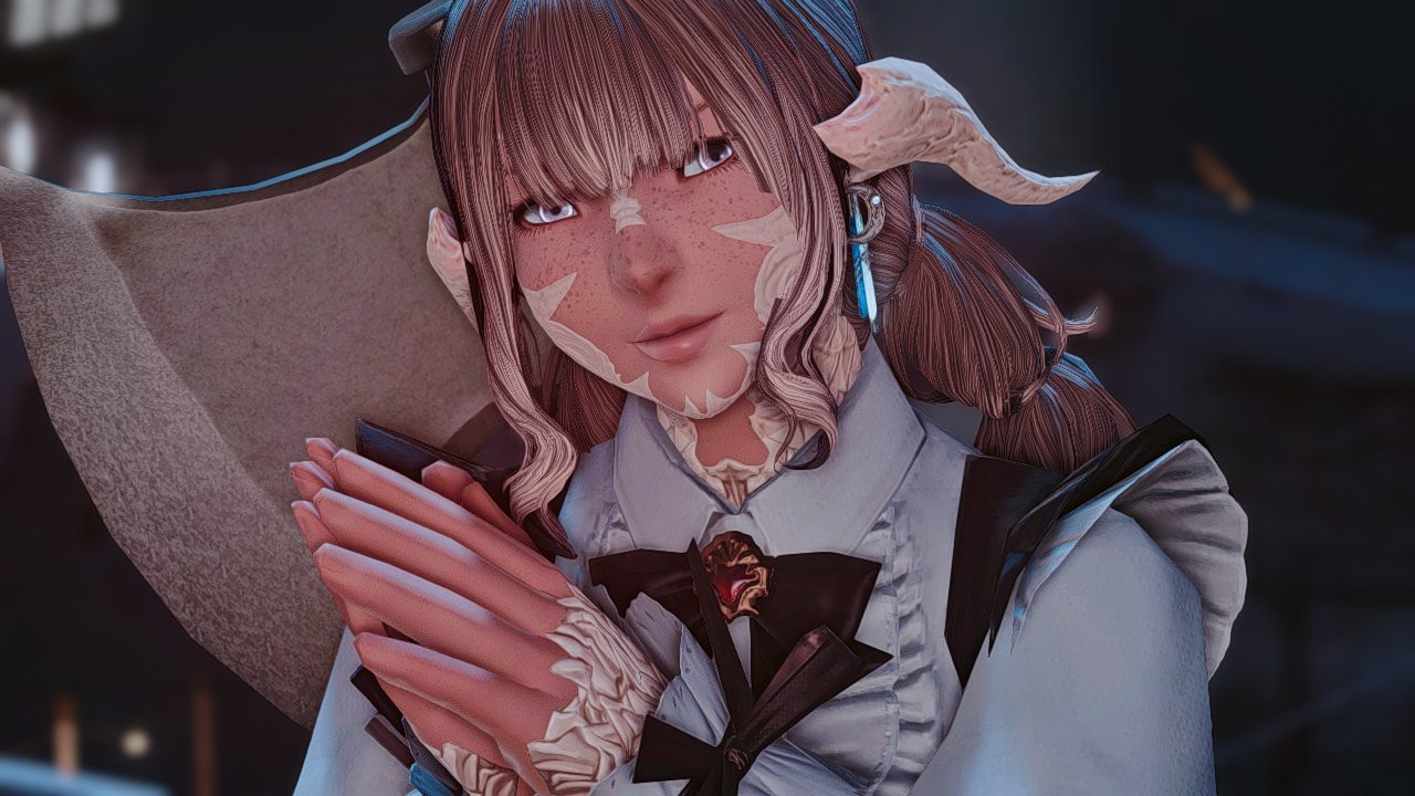 A freckled Raen Au Ra smiles gently at the camera, hands clasped together. She is wearing a black and white maid uniform and has a large, plain axe on her back. Their brown hair is styled into two long braids behind their back. 