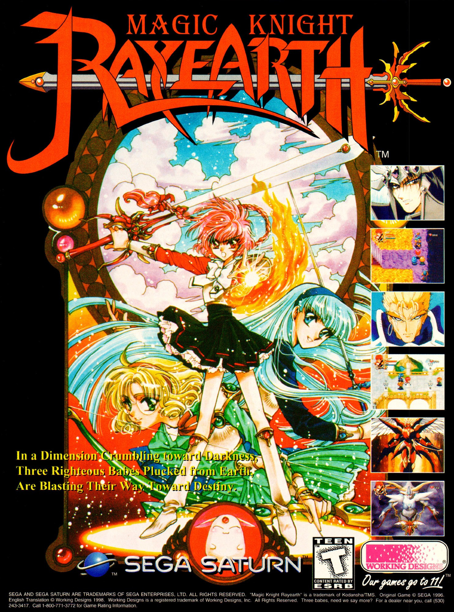 A magazine ad for the Sega Saturn version of Magic Knight Rayearth, an RPG originally released for the Super Nintendo. Very cool piece of artwork of the Knights posed together with Hikari brandishing a huge two-handed sword with one hand a letting rip with fire magic with the other hand. Game screenies at the side are arranged vertically.

Always a bit squicky when '90s mags refer to school-aged characters as babes and the like. Ran across one that was very much 'I know they're on the younger side, but I still would. I bet you would too, go on, admit it' ;o;