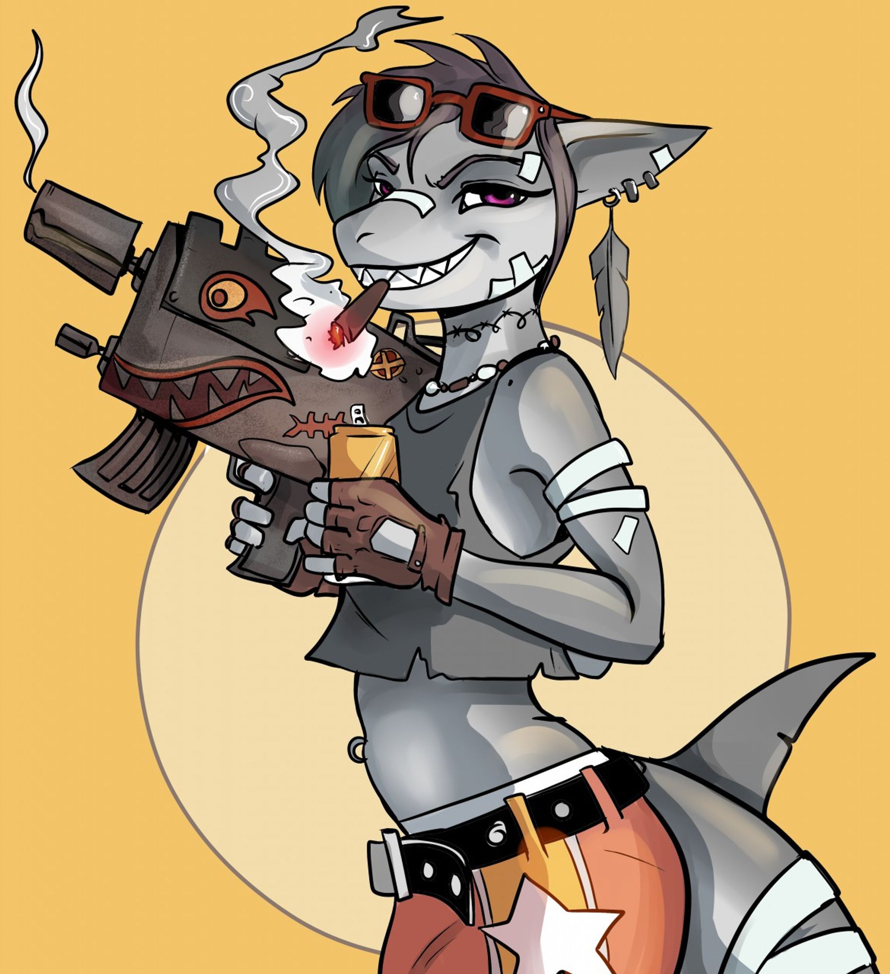 An anthro great white shark sporting a cigar, beer can, a boxy gun, and a toothy grin poses dressed like Tank Girl. I think it was inspired by a piece of artwork from around the time a reboot Tank Girl movie was floated about.

Artist: Nuttychooky