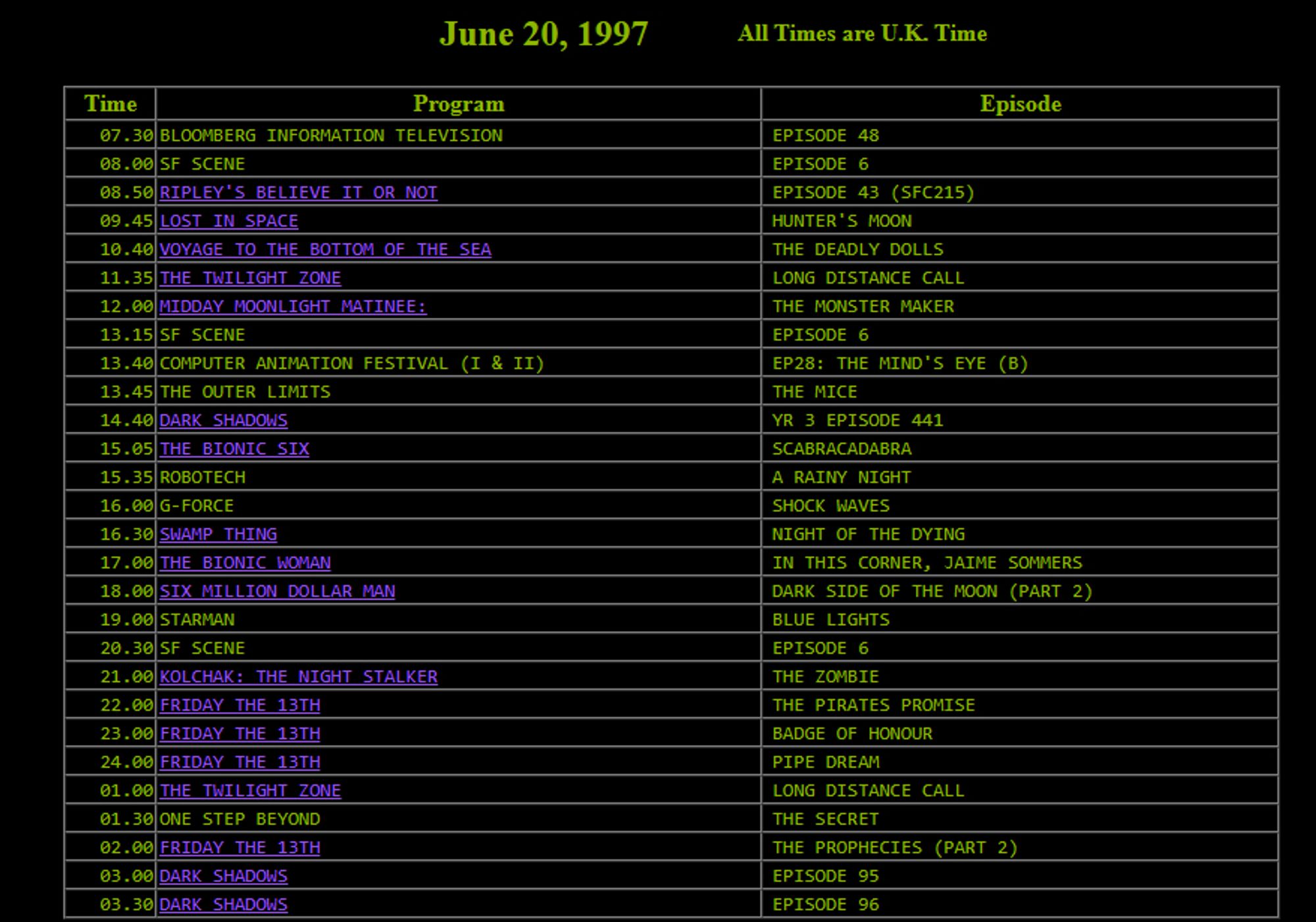 Programming for June 20th 1997 the UK Sci-fi channel, lots of Dark Shadows, Swamp Thing, The Twilight Zone,  and Six Million Dollar Man.