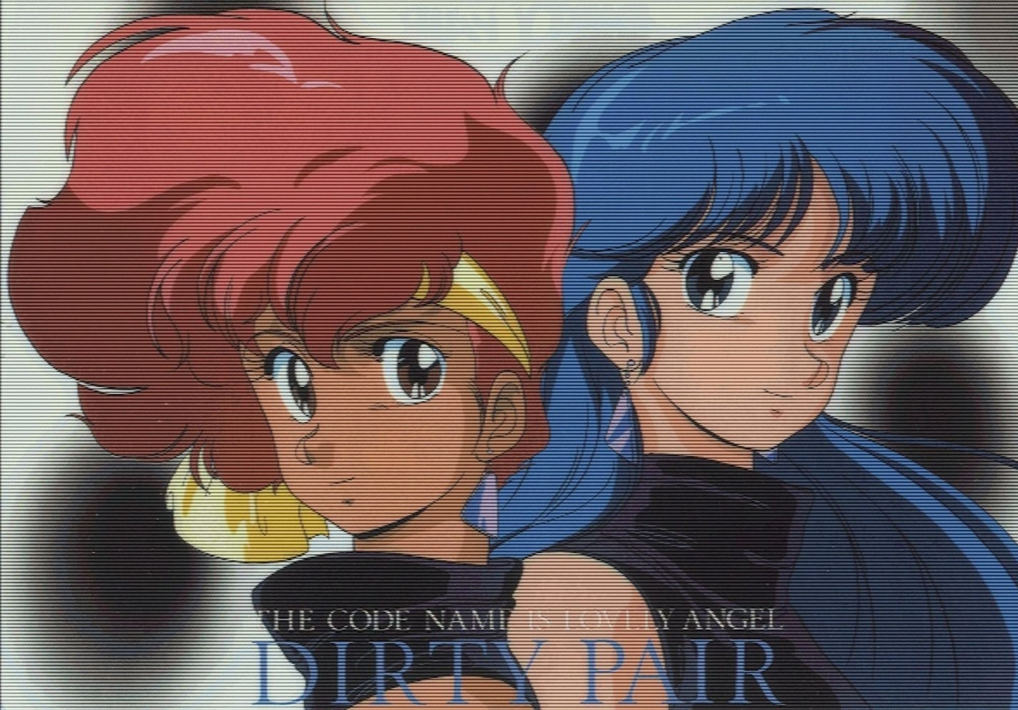 A shoulders-up perspective Amiga AGA slideshow scan of Kei and Yuri from Dirty Pair side by side