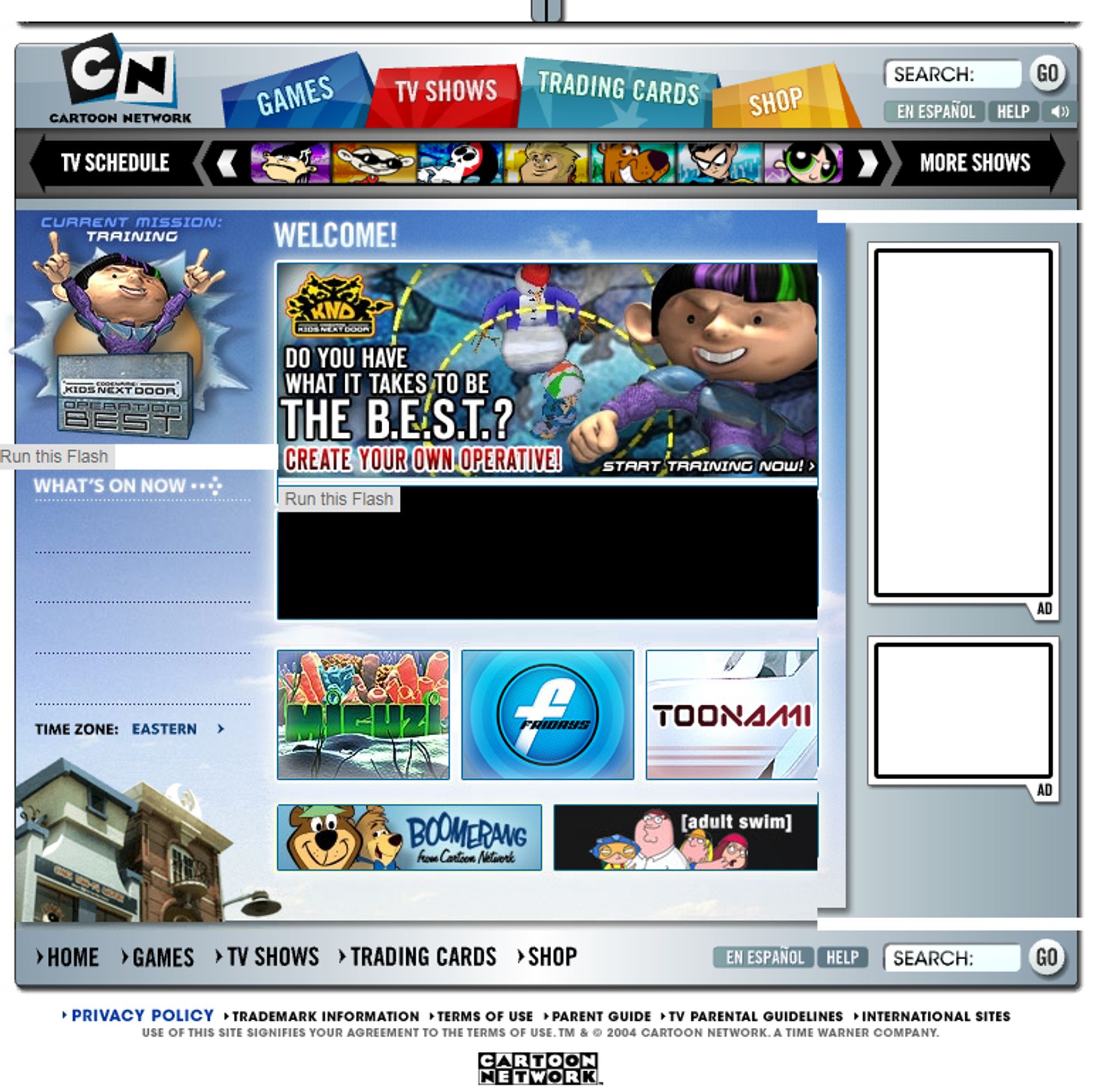 Slick, rounded corner panel designs as seen in the Nintendo website of the era adorn the Cartoon Network site of 2004 as does a crapton of Flash.