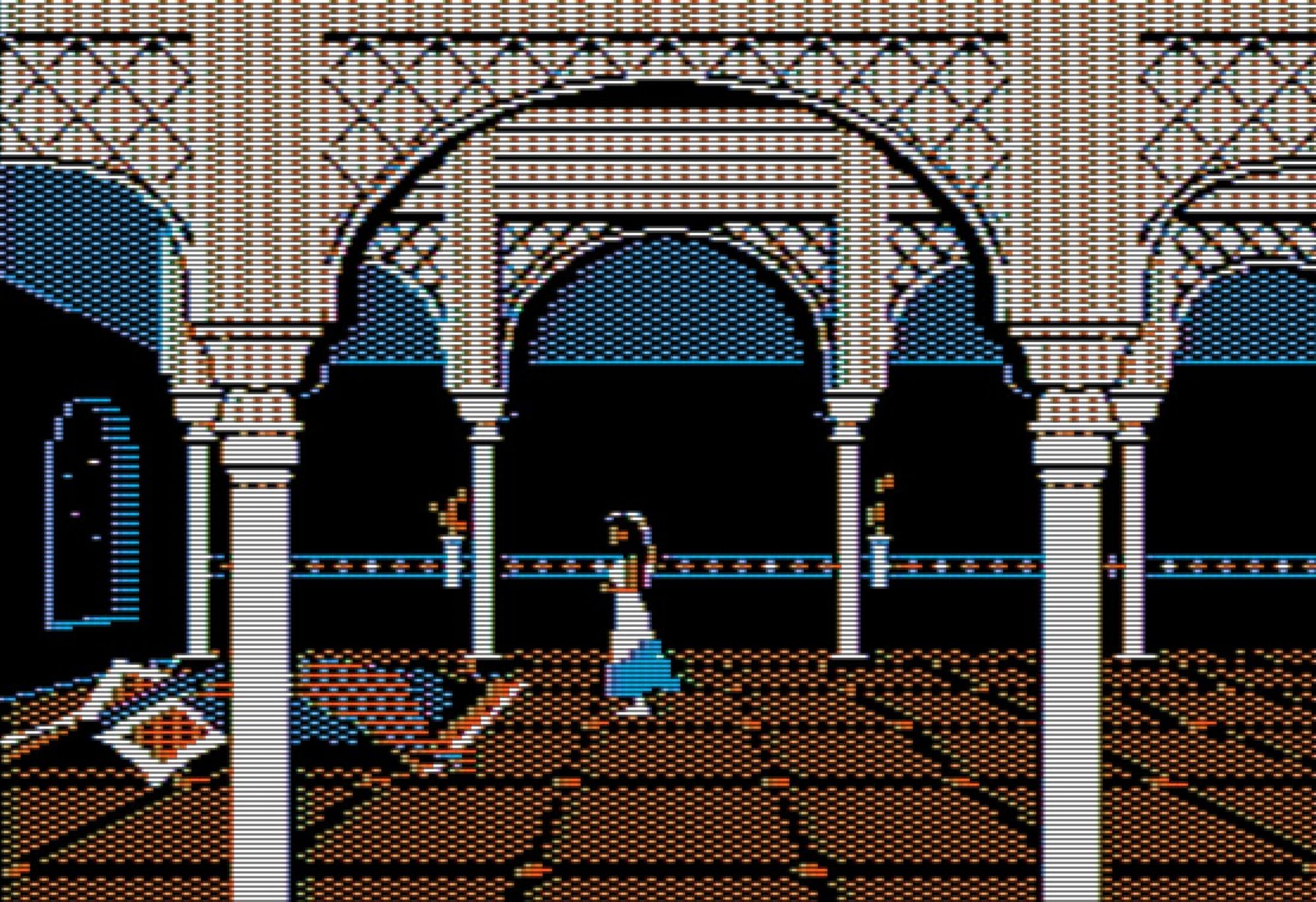 A snap of the gorgeous intro cutscenes, still novel for the time. This one has the princess waiting in a long, many pillared room