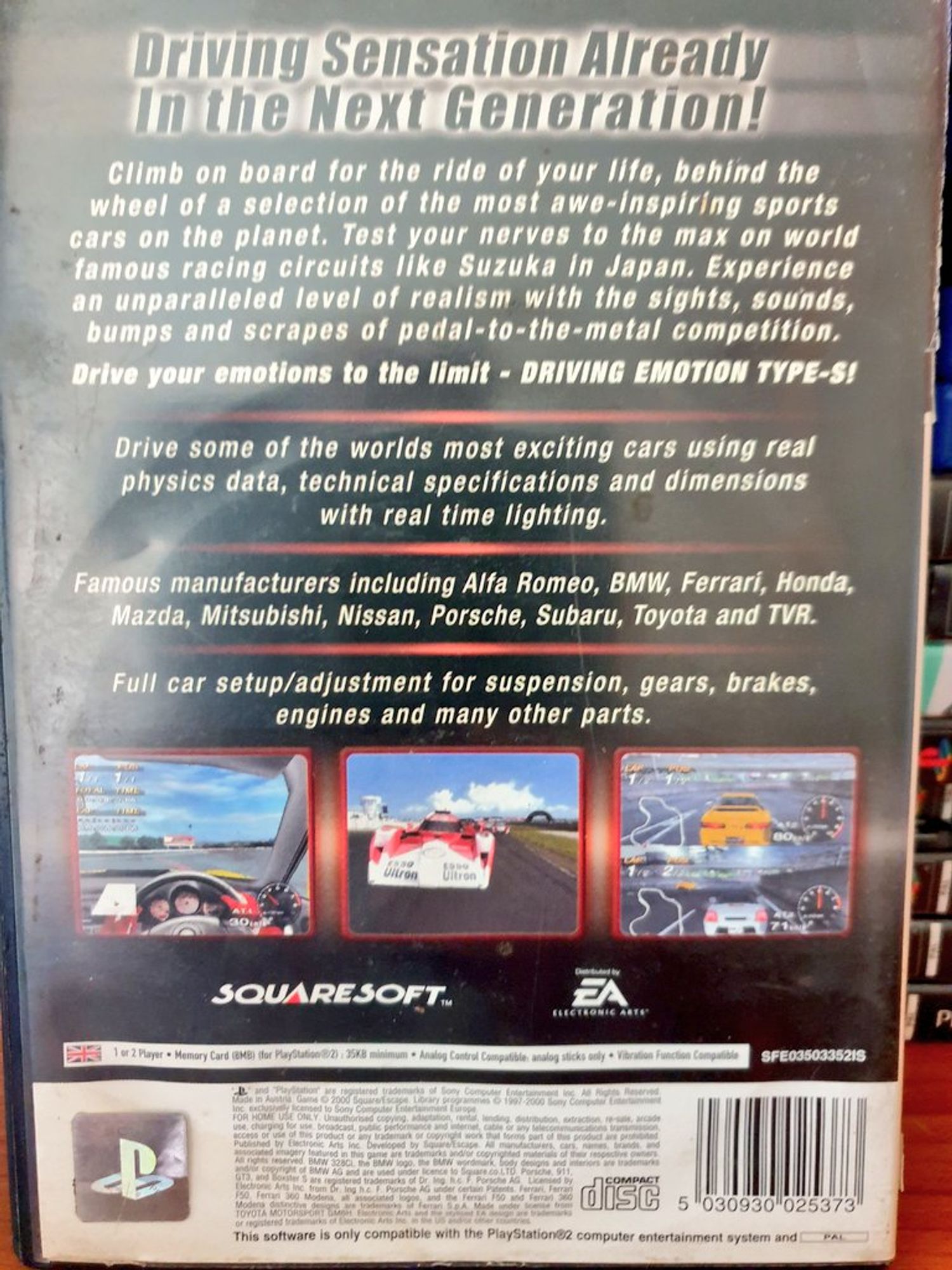 "Driving Sensation already in the next generation." The back of the box with a lovely old-school Squaresoft logo.