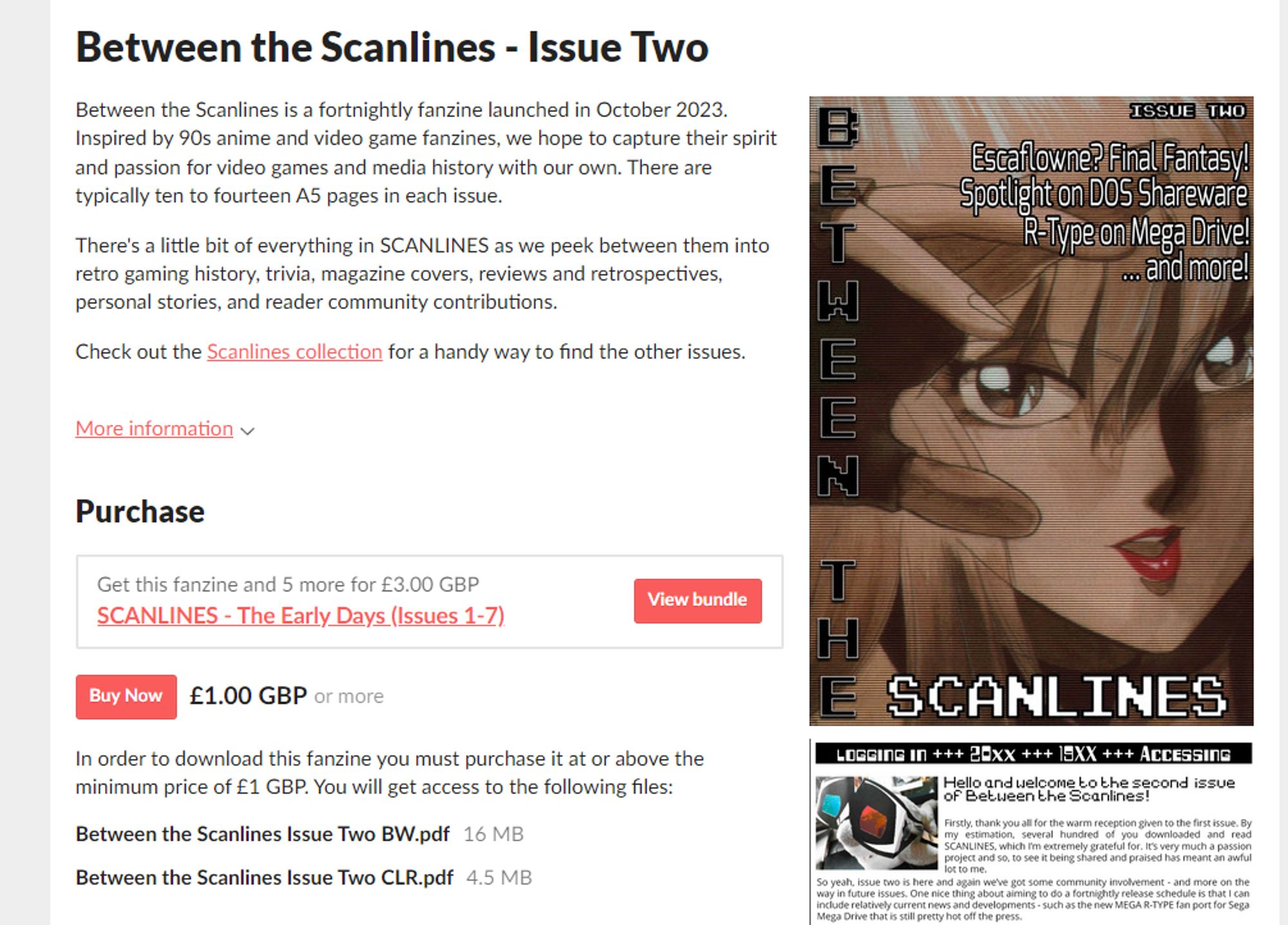 A snap of our ich.io page, the current home for Scanlines, and the listing for two showing the bundle offer to get 1-7 for £3.