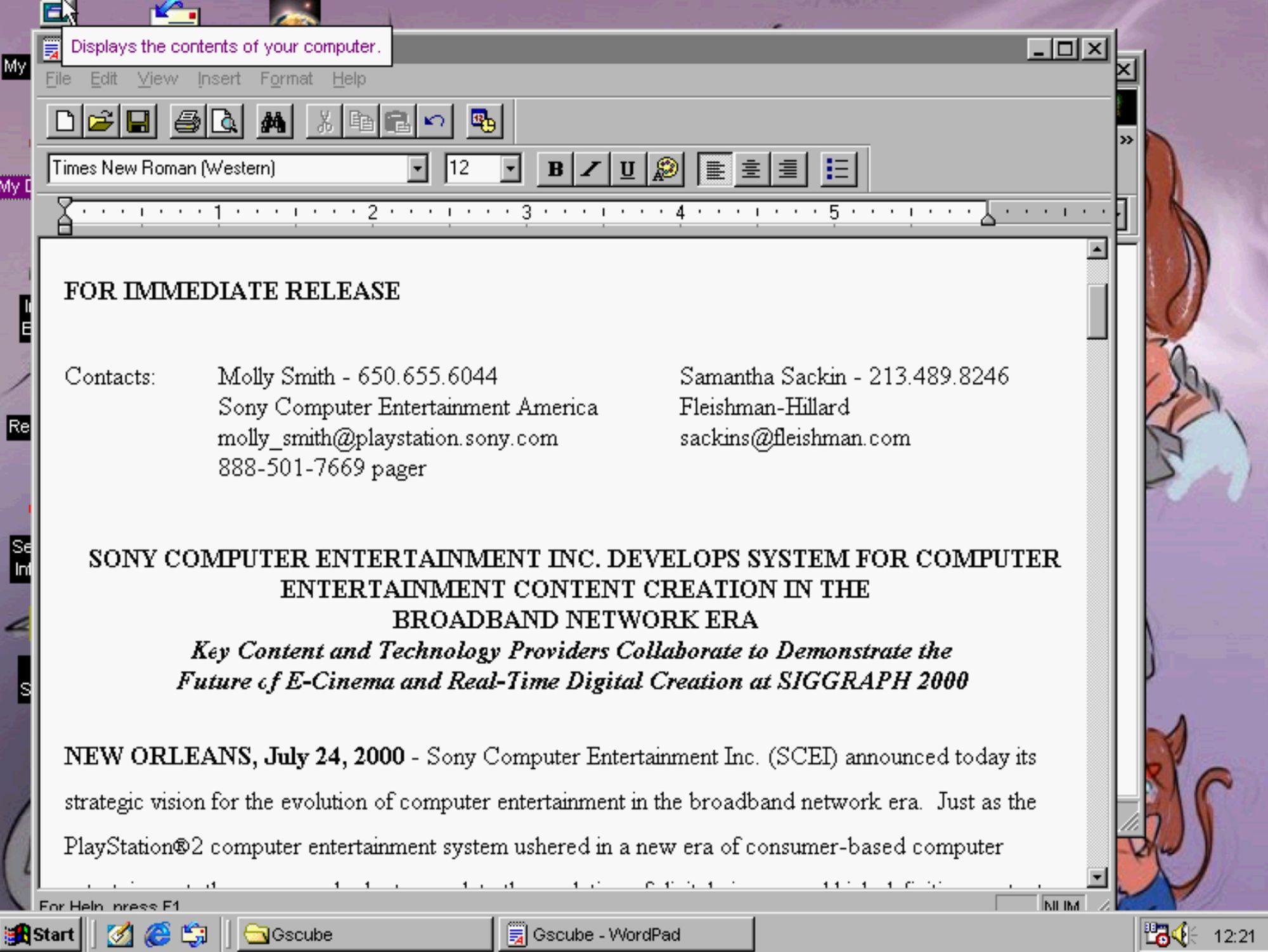 A snap of Wordpad open up in our windows 98 setup with a press release from Sony about 'A system for computer entertainment content creation in the broadband network era" dated July 2000