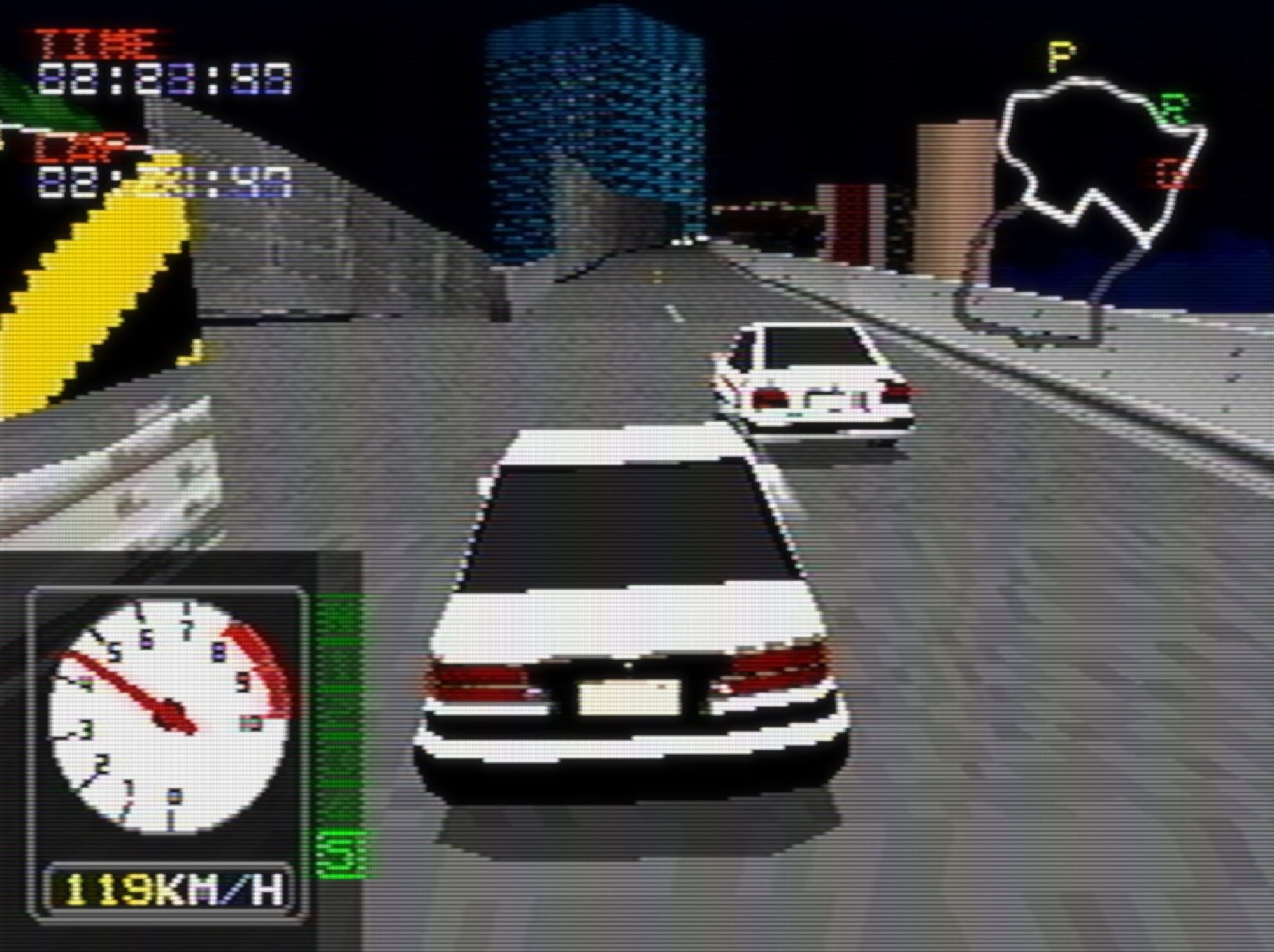 Another gameplay shot, with two white and black blocky, low-detail cars on an expressway stretching out into the gloom.