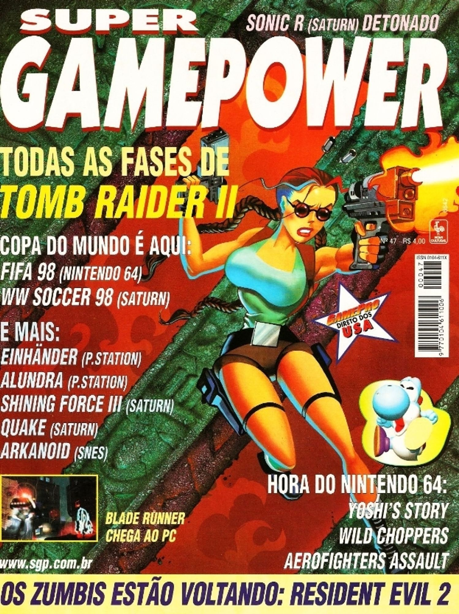 Super Game Power in 1997 goes large with Lara Croft blazing away as Tomb Raider II is the cover feature. Einhander, Alundra, Shining Force III, Quake, and uh, Arkanoid for the SNES are also listed as features.