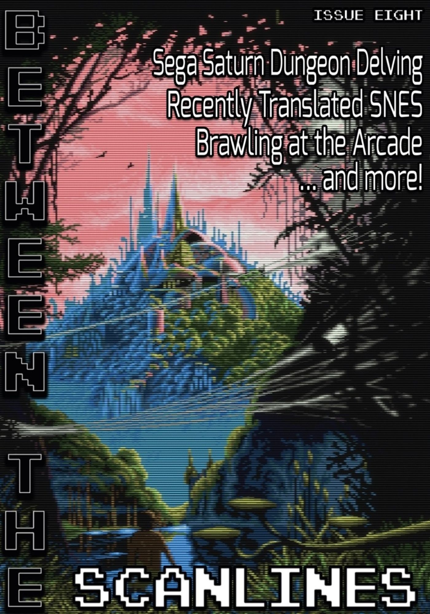 The cover of issue eight with a cool fantasy city and forest-covered mountain vibe, and Sega Saturn Dungeon Delving, Recently Translated SNES, Brawling at the Arcade and more!