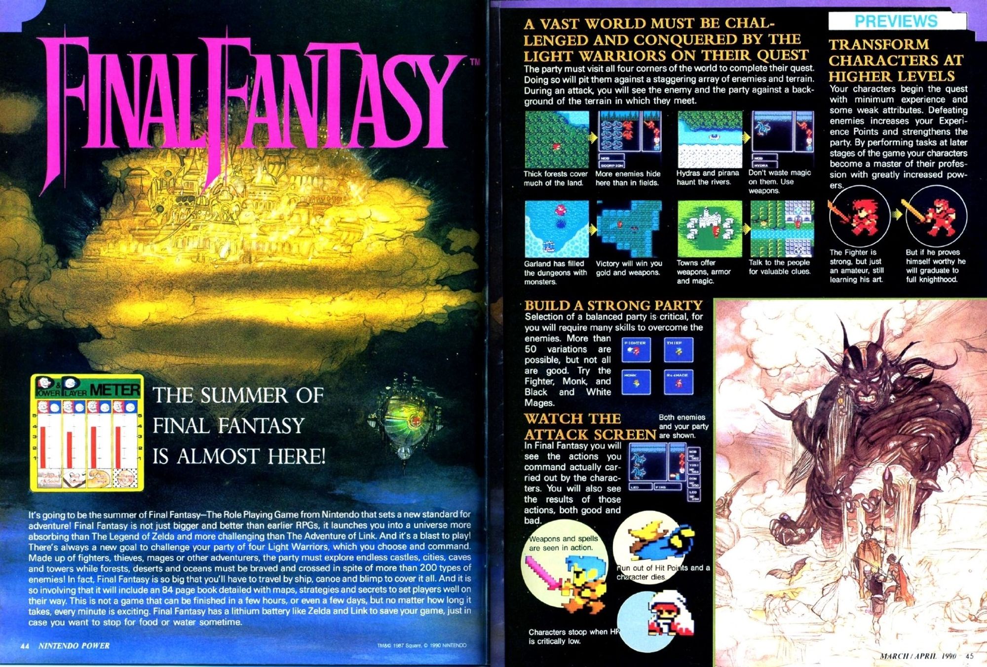 A double page spread, gorgeously eyecatching with illustrations, a dramatic fantasy background,a nd screenies of the game and the pixel artwork characters.

Core details highlighted are its sheer size, that you'll have a battery backup like in Legend of Zelda, that there are 200 enemies, a battle screen, and how your party will evolve with the job system.