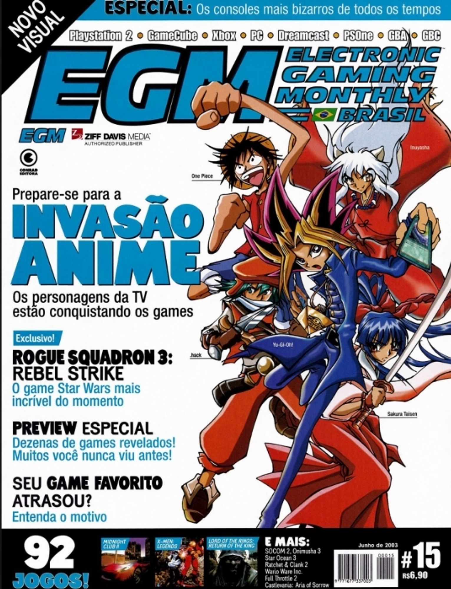 Brazil's own version of Electronic Gaming Monthly with an anime invasion in June 2003! Inuyasha, Luffy, Yugioh, Kite, and another character I'm not sure about are posed together with much dynamic energy!