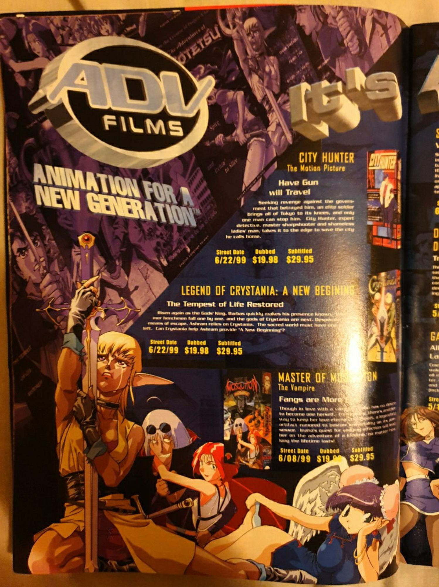 ADV Films - Animation for a New Generation! The left page of a double spread glossy ad with City Hunter, Legend of Crystania, and other stuff advertised