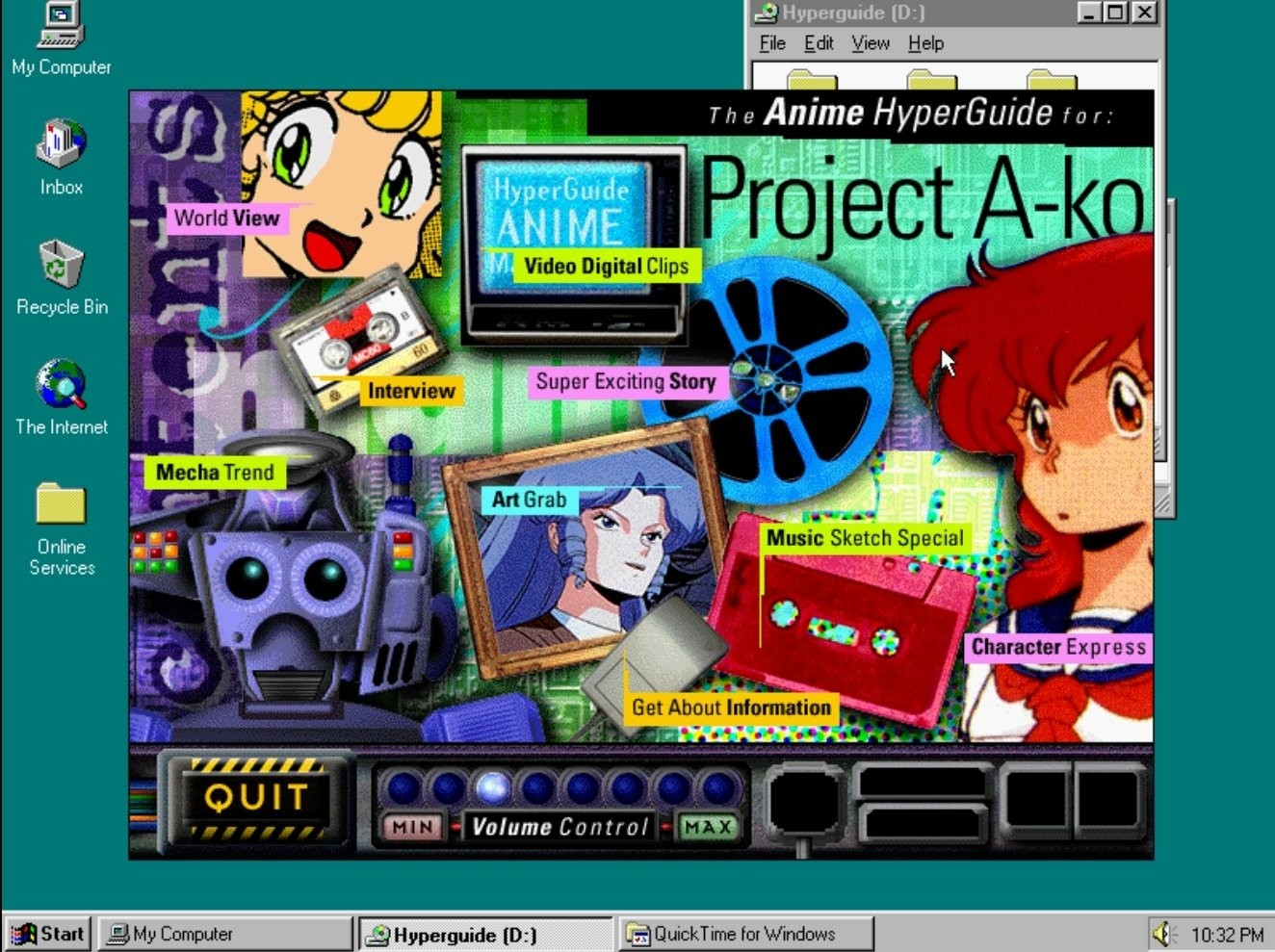 A multimedia window powered by QuickTime with characters from Project A-Ko, video clips, audio snippets, and info about it.