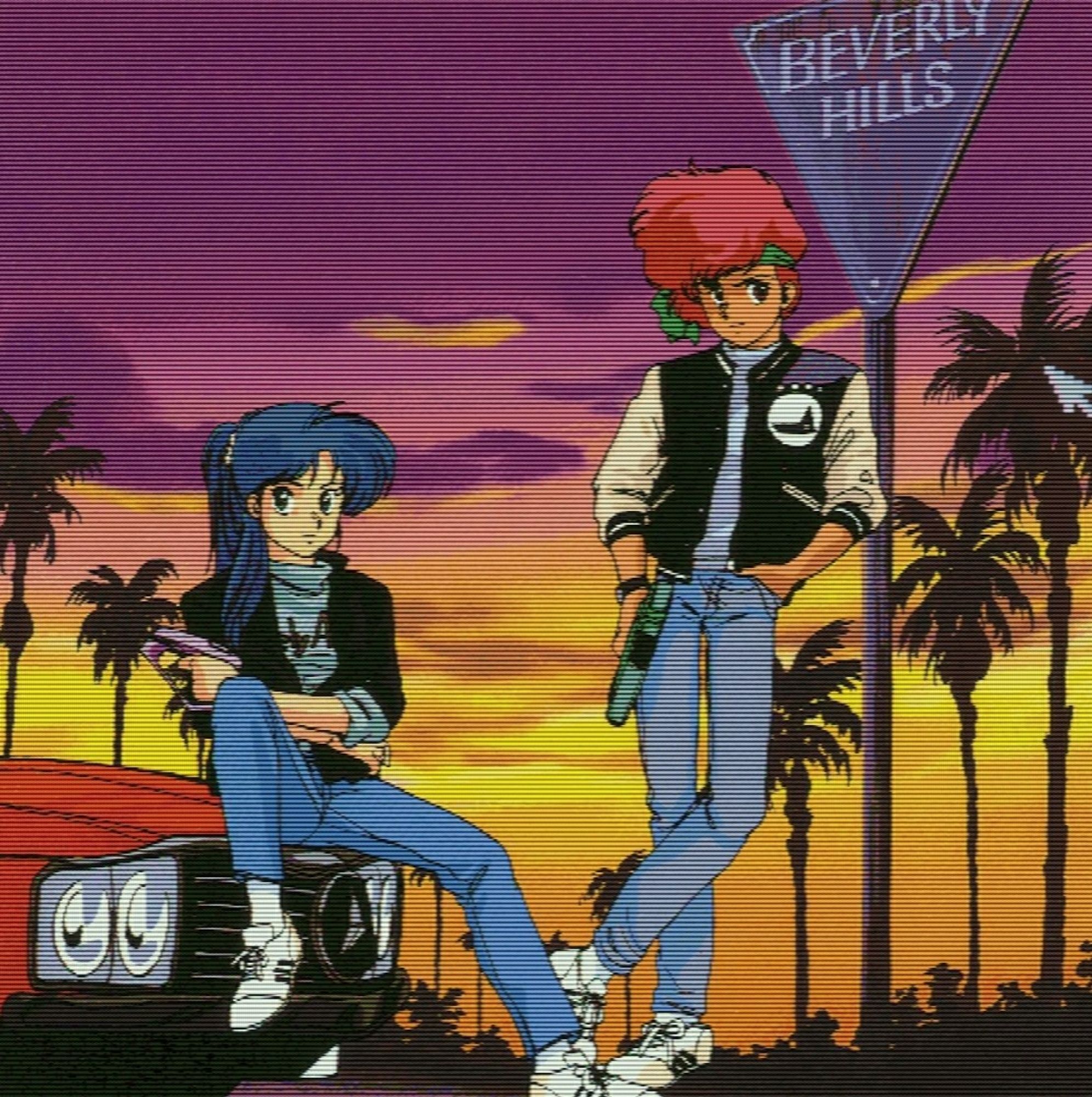 A screenie from a Dirty Pair Amiga AGA slideshow with the duo riffing on Beverly Hills Cop with a sunset background and dressed and posing like Axel Foley