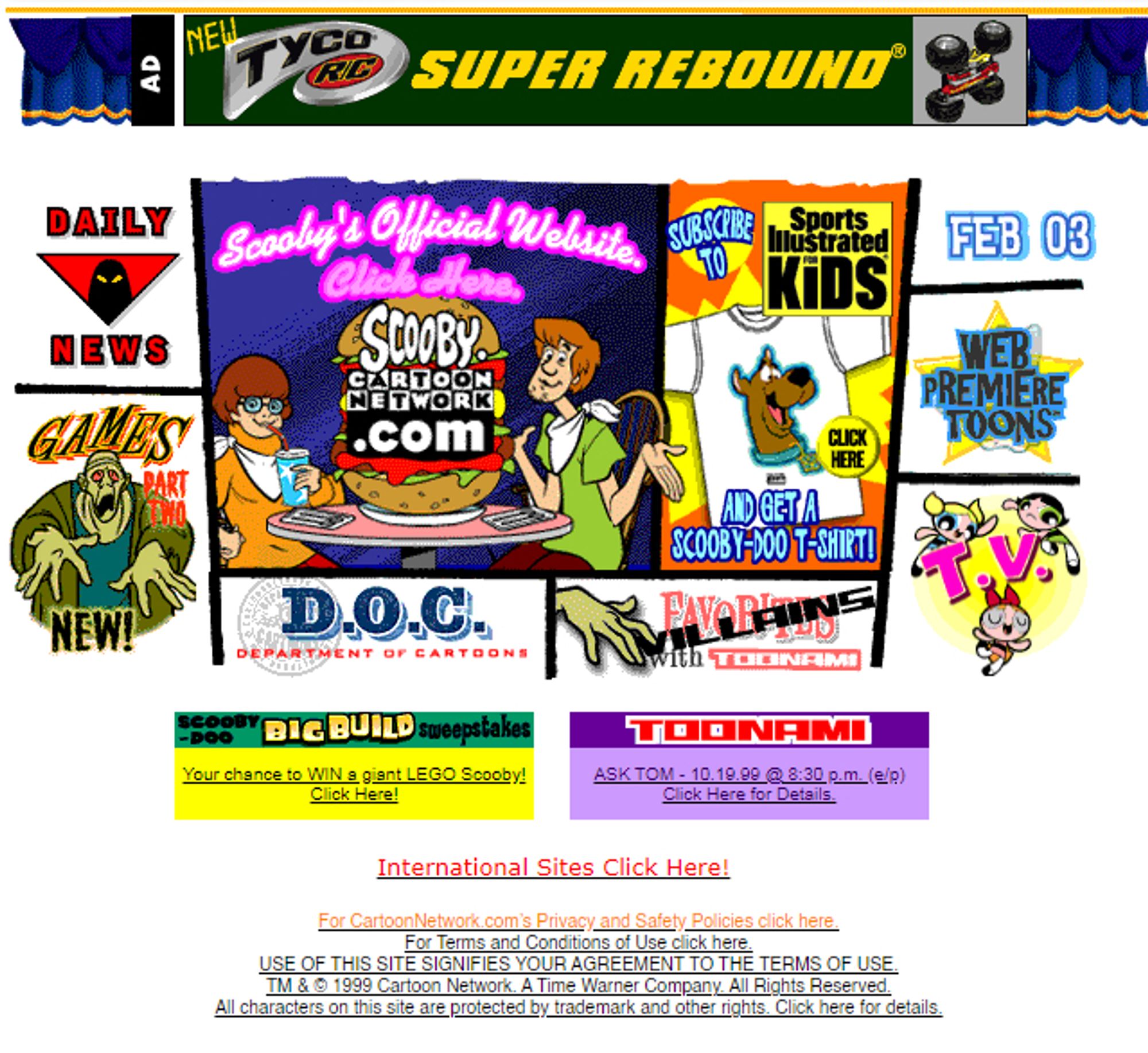 The cartoon network website of 1999 with a cartoony comic panel design with Scooby Doo right in the centre.