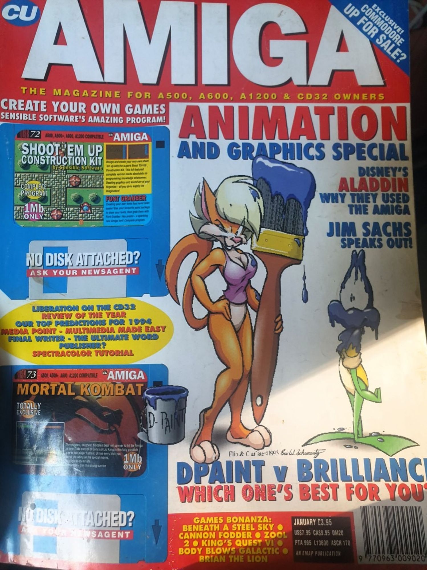 A photo of CU Amiga January 1994 with Clarrise Cat and Flip the Frog, Eric W Schwartz characters both, on the cover. Clarisse is standing in a sassy pose with a sly wink and holding a huge paintbrush while Flip looks bamboozled and drenched in blue paint.

EWS animations were one of my gateways into the furry fandom