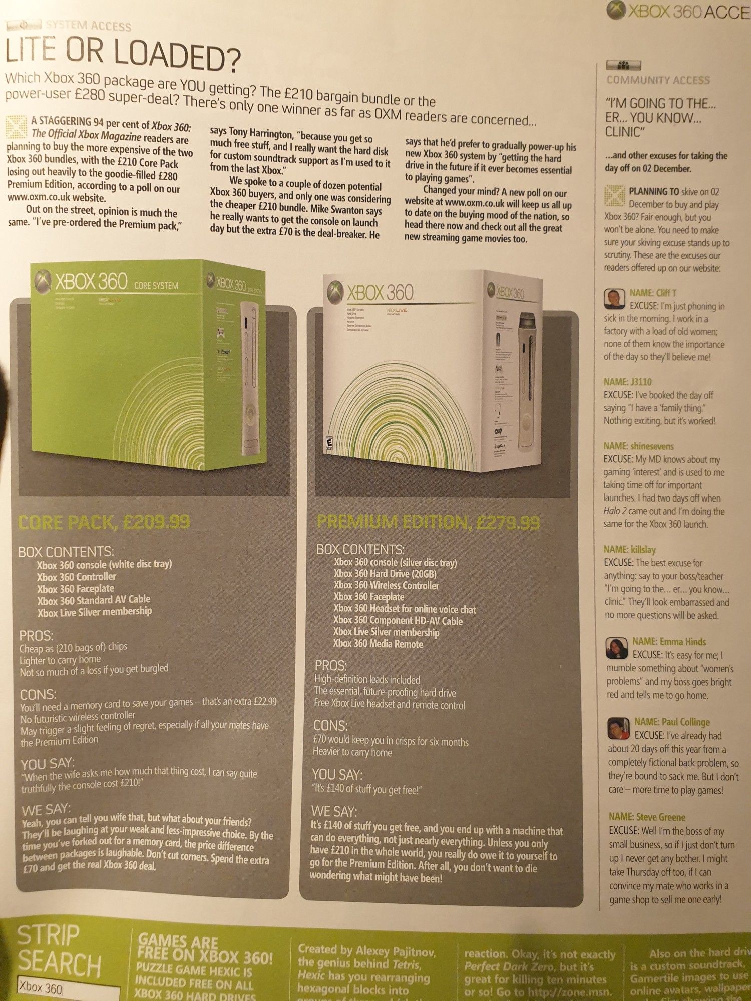 A photo of a page from Official Xbox 360 Magazine comparing the prices and features of the core pack for £209.99 or the Premium Edition