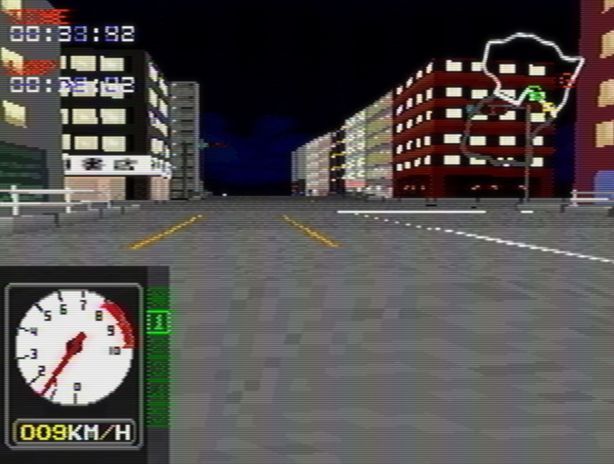 A low-poly city road at night, seen in first person perspective with lit-up buildings either side.