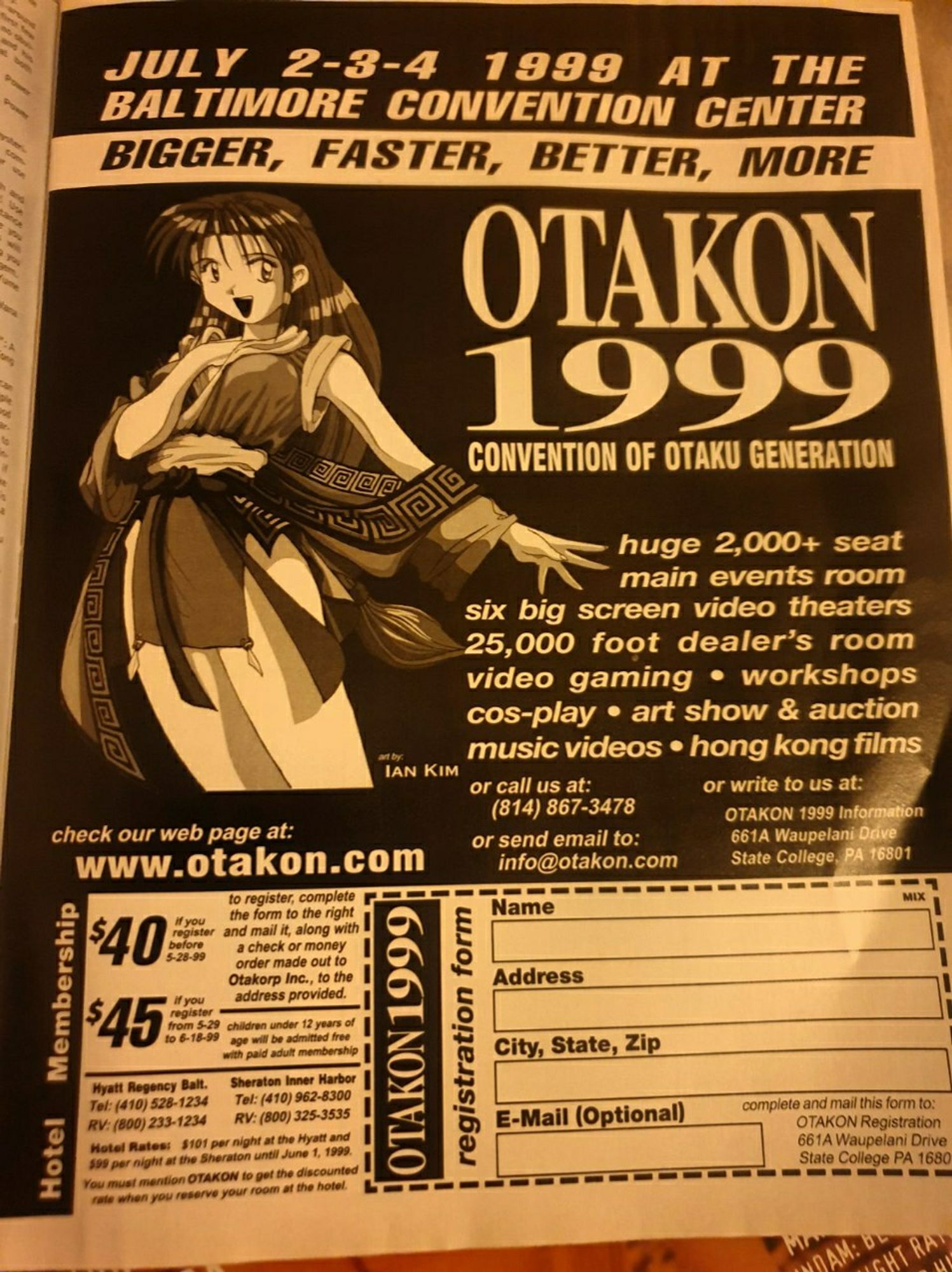 A photo of a full page ad for Otakon 1999 - bigger, faster, better. Held at the Baltimore Convention Centre July 2-3-4 weigh seats for 2000+ and 25,000 foot dealers room and six theatres. A major convention!