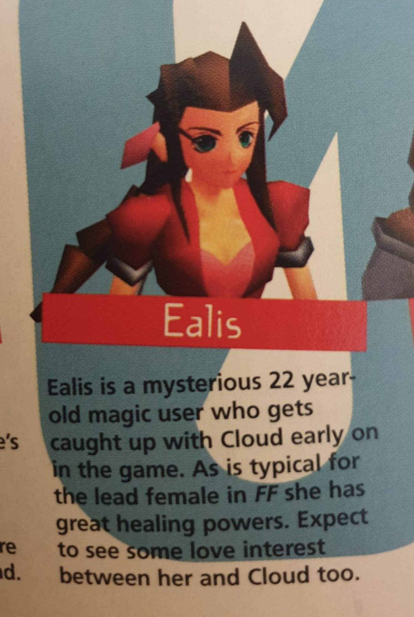 A snippet from PlayStation Power's late 1996 feature on FF7, where 'Ealis' is described.