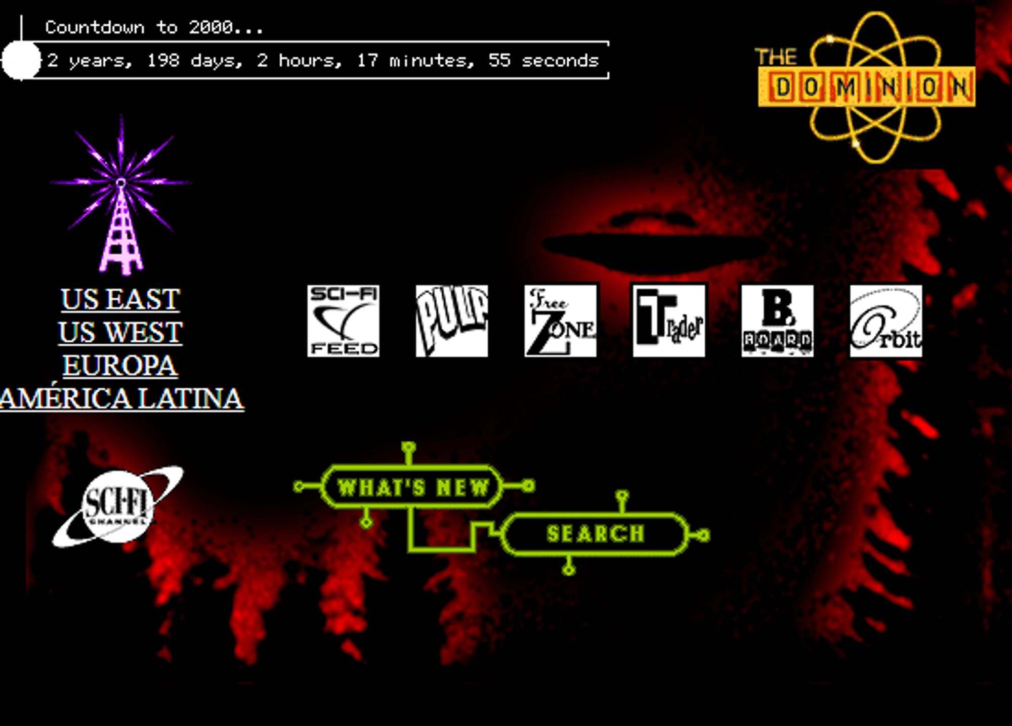 THE DOMINION - not *that* Dominion, but the main landing page for Sci-Fi Channel's website. Countdown to 2000! What's News sections and of course being the 50th anniversary year, there's a Roswell-esque flying saucer in the background.